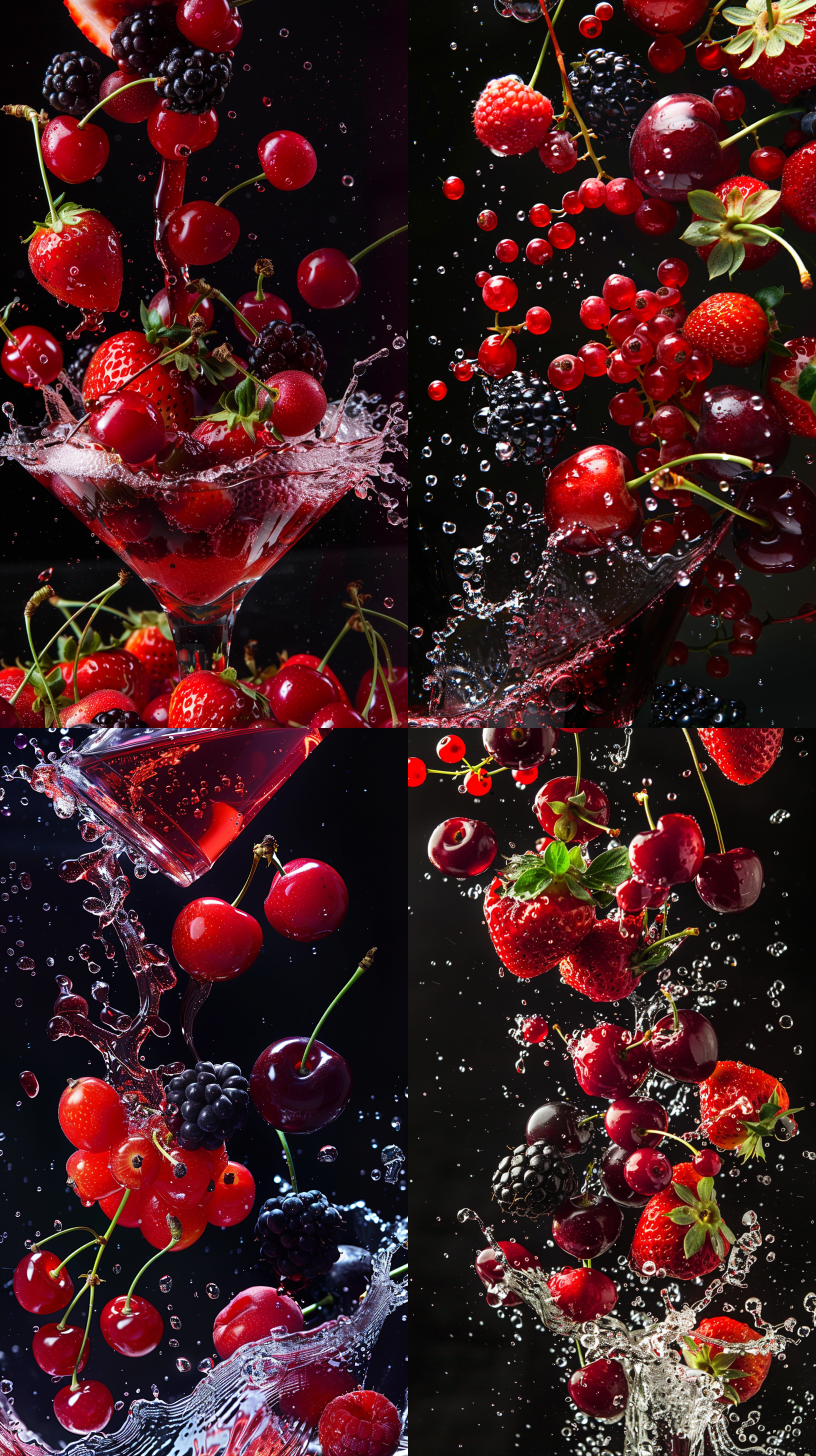 草莓、樱桃、黑醋栗，红酒酒液爆炸，色彩鲜艳，摄影棚灯光，黑色背景，专业食品摄影，微距镜头，高速快门，静态，诱人。
