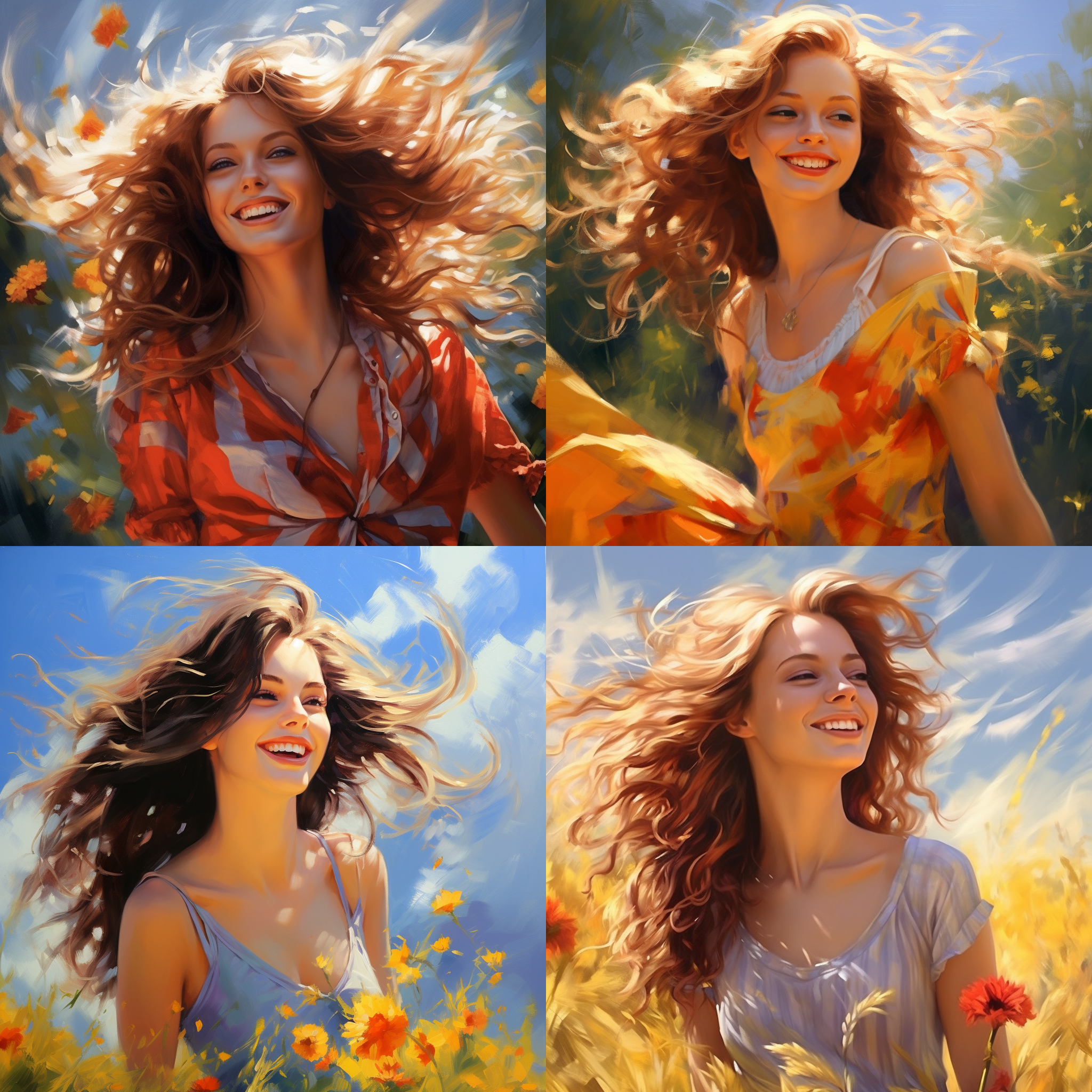 朝阳下的微笑，柔和光线，风吹发丝，自信微笑，大气姿态，青春活力，细节清晰，明亮色彩，幸福与自由。