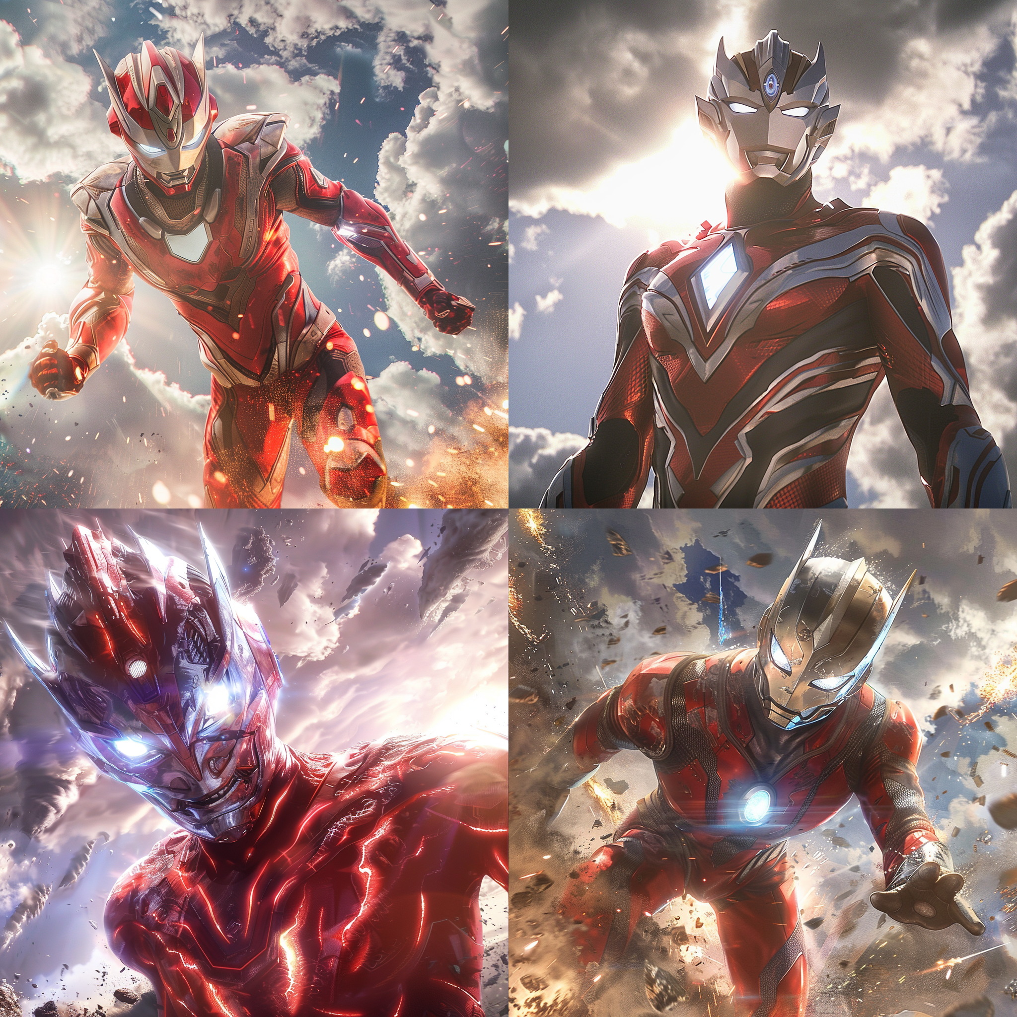 环境破碎，大型怪兽背景，动作凌厉，奥特曼穿着亮红色战斗服，面具表情坚定，阳光透过云层照射，造成剧烈阴影，宽幅画面，广角镜头，高饱和度，激动，紧张，决心，力量，英雄。