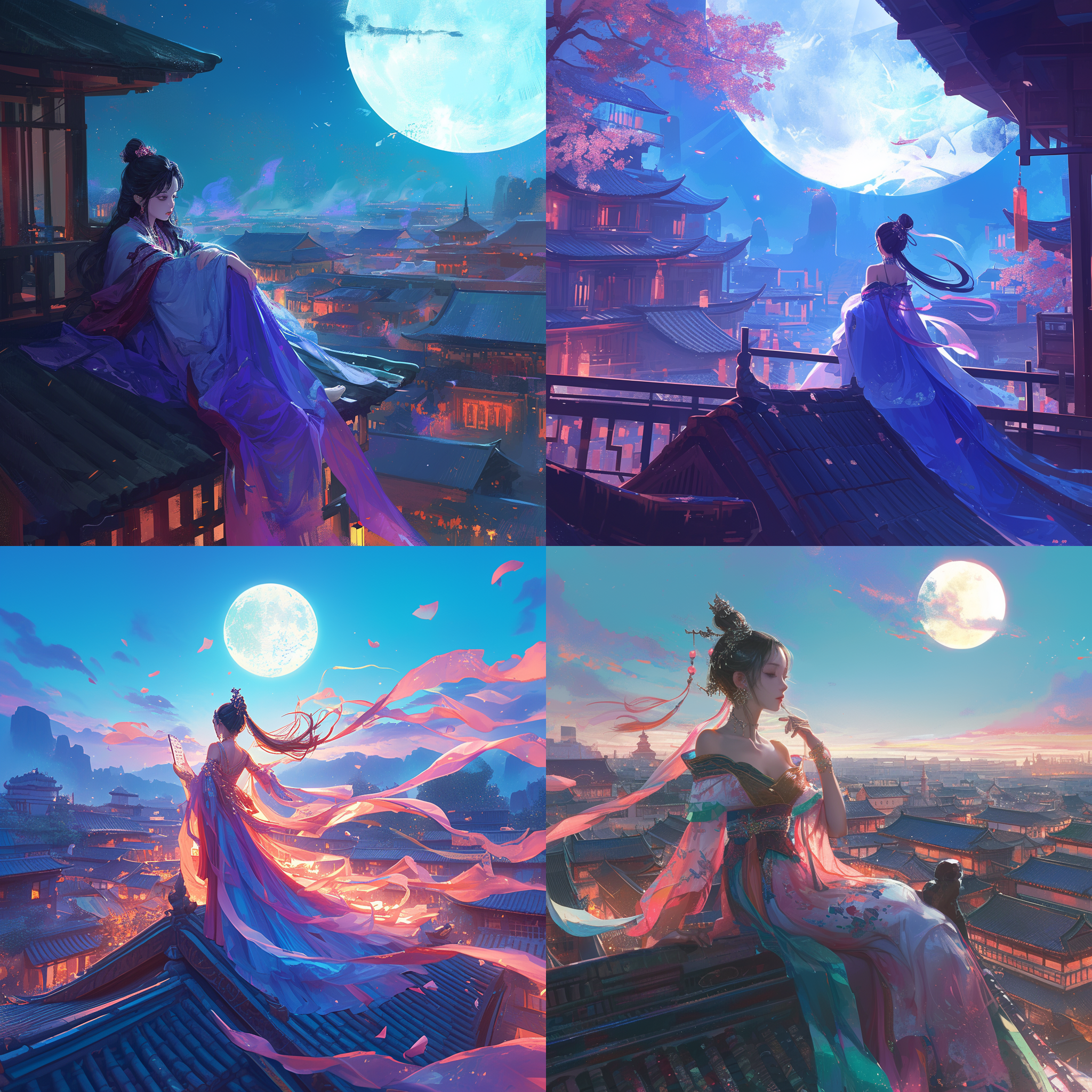 古代建筑屋顶，古装美女对着月亮吟诗，色彩斑斓，色调柔和丰富，电影画质，光影明亮。屋顶细节清晰可见，美女身穿华丽古装，面容端庄，表情深情。月亮照耀下，场景散发出浪漫神秘的氛围。