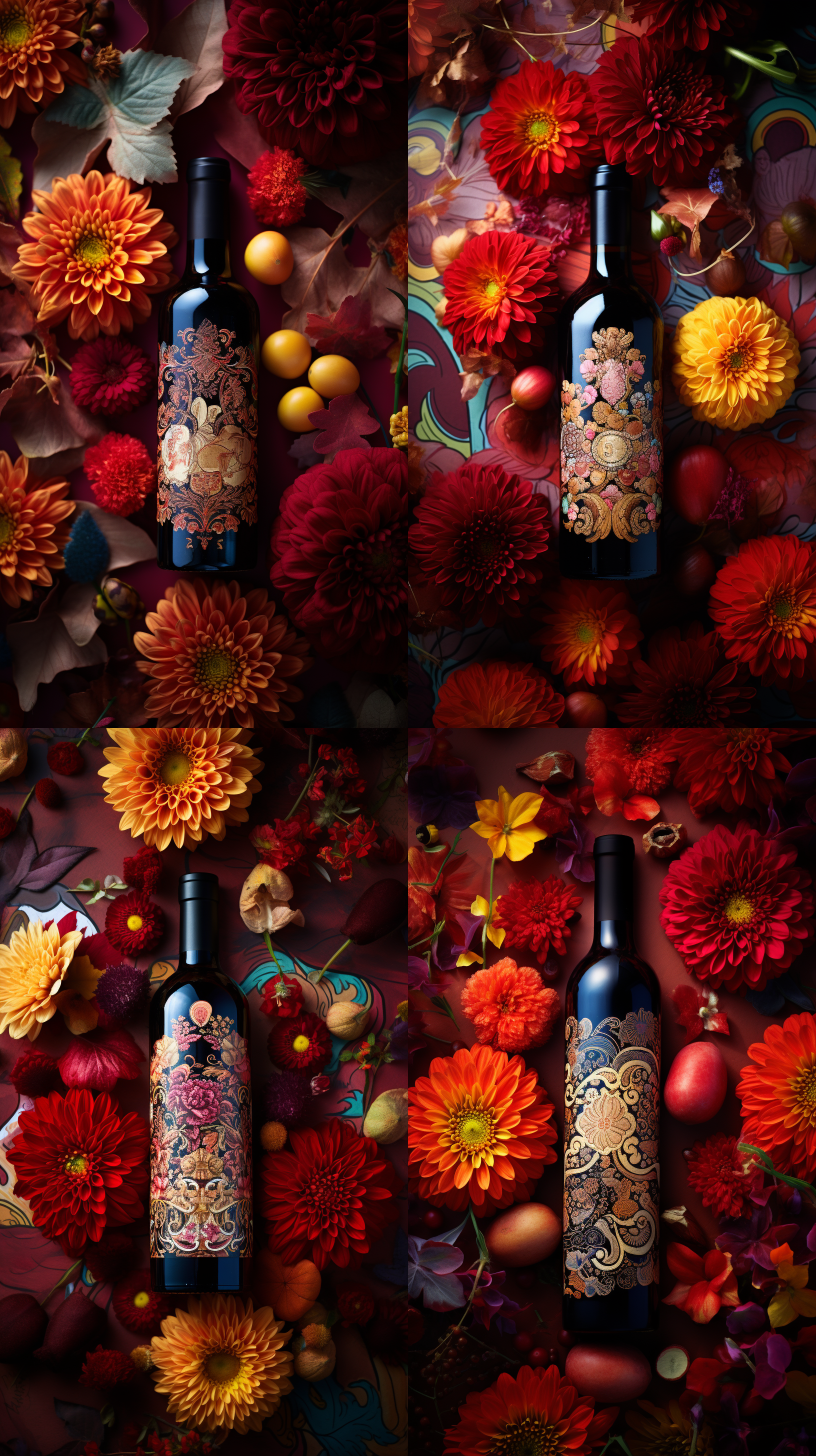 剪纸风格，一支红酒瓶躺在繁花丛中，花朵围在四周，鲜艳的色彩，复杂的细节，自然光，景深，nikon d3，微距镜头