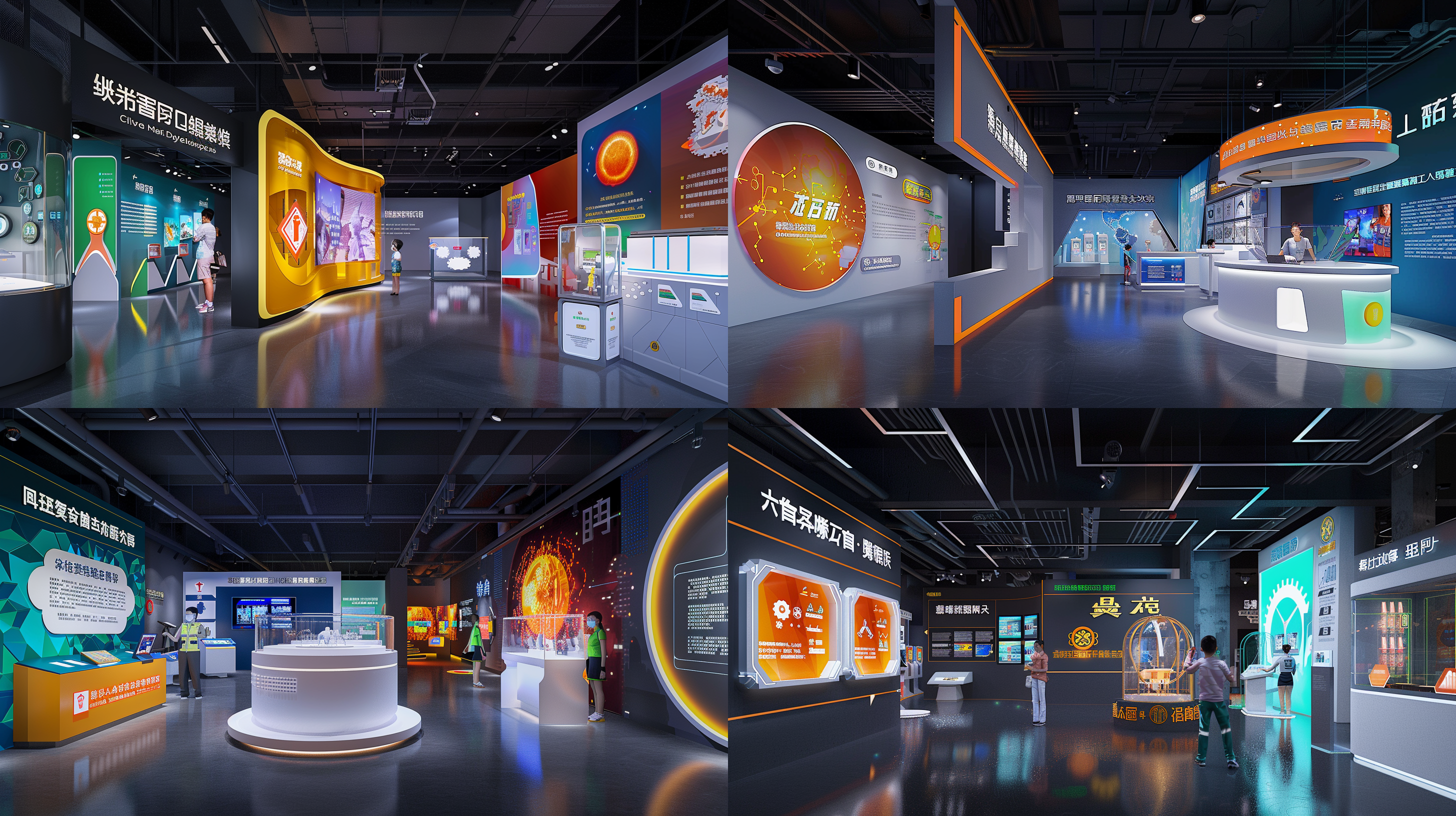 科技馆展厅，简洁透视效果，展台，安全设备，现代设计，冷色调，宽广角度，led灯光，展示，专业，安全意识。