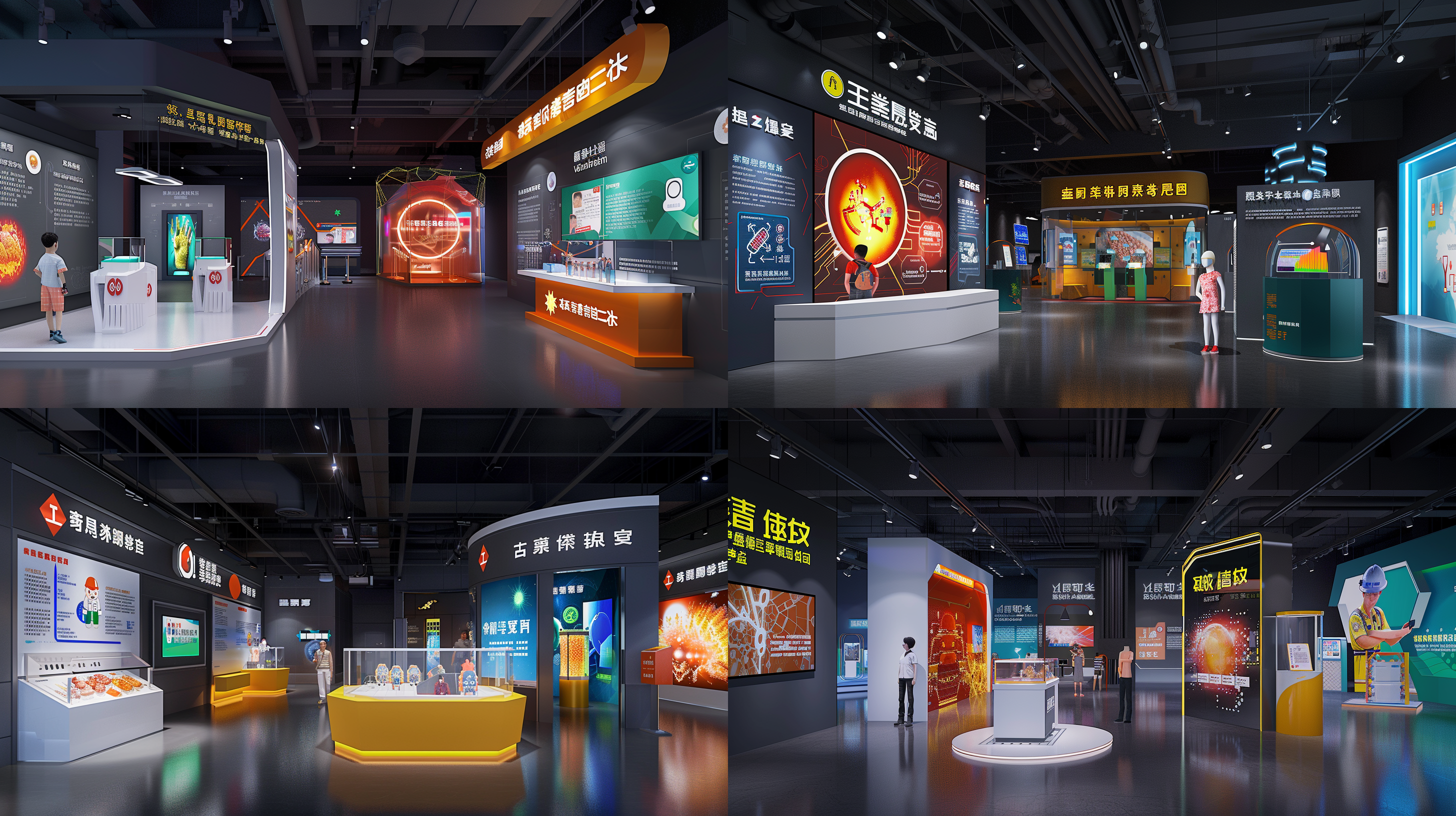 科技馆展厅，简洁透视效果，展台，安全设备，现代设计，冷色调，宽广角度，led灯光，展示，专业，安全意识。