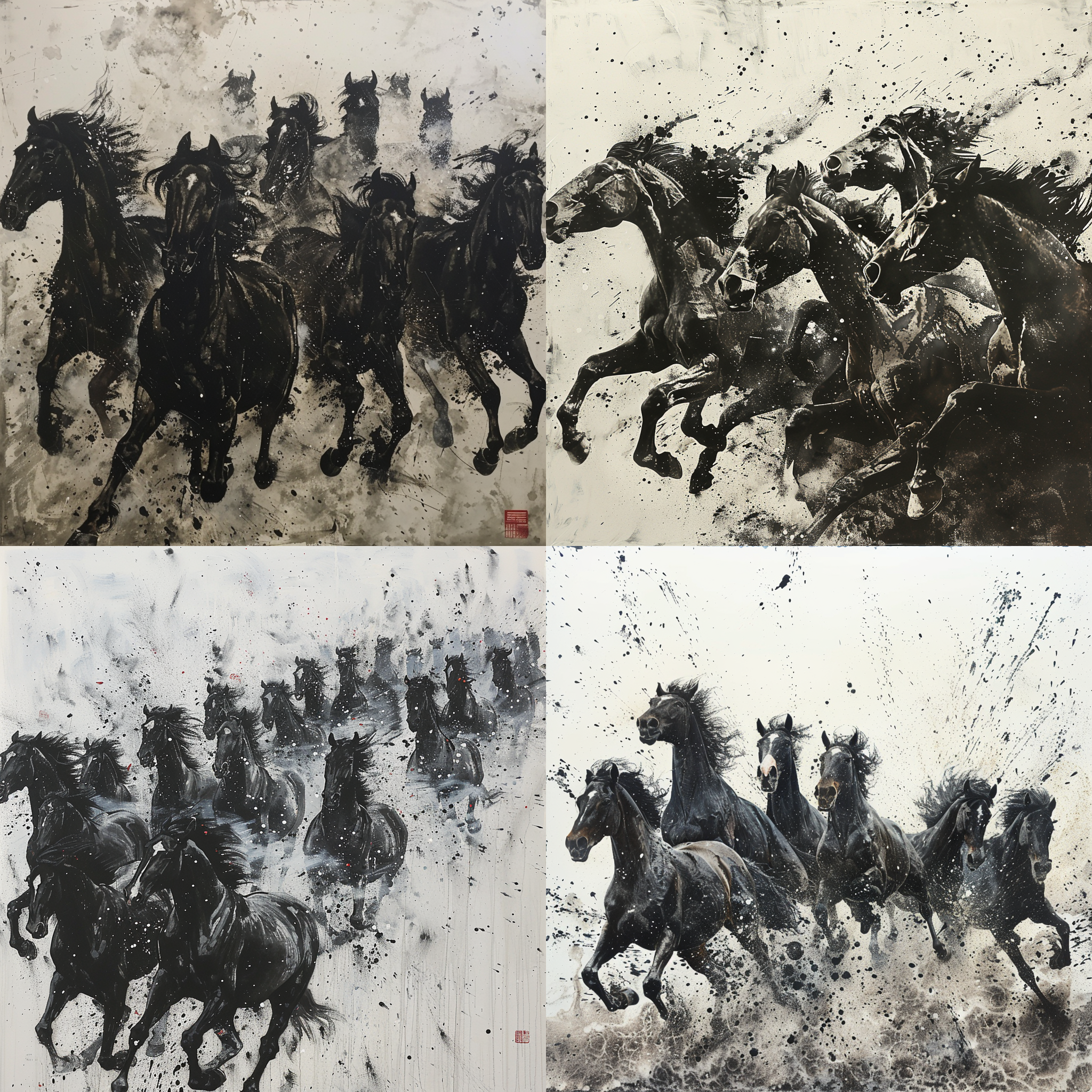 万马奔腾，黑色战马，粒子飞散，航拍角度，长焦摄影，大面积留白，高对比度，赵无极，层次版画，肌理磨砂，油画笔触。