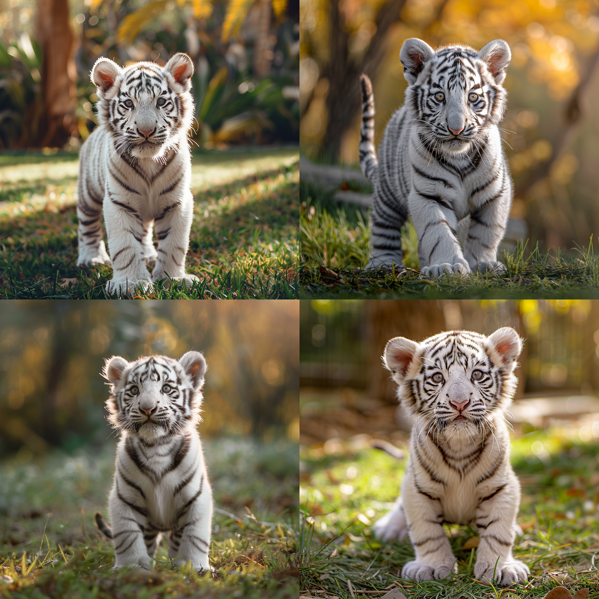 萌萌可爱的小白虎，站在草地上歪头看着镜头