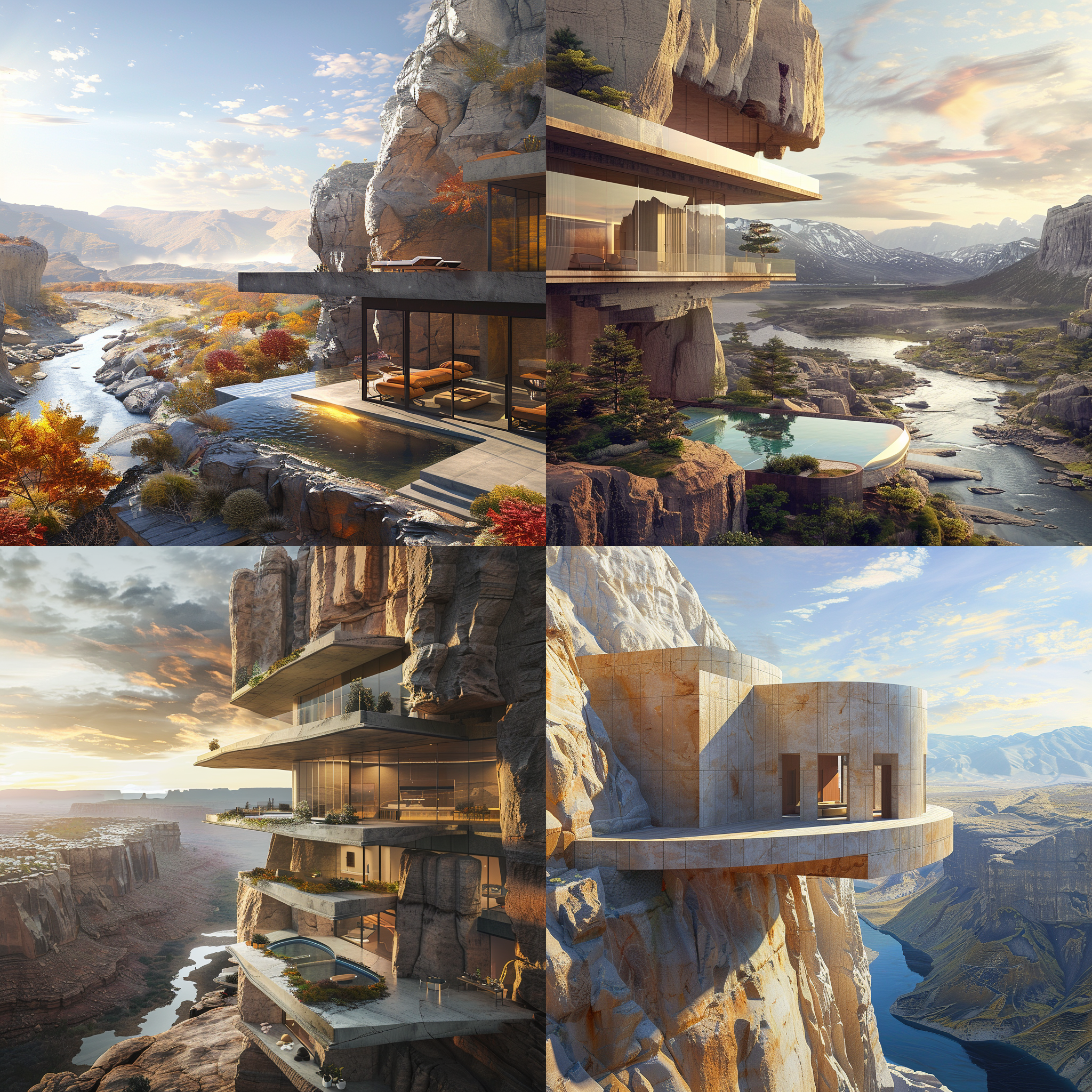 建筑效果图，山河远景，悬崖建筑近景，细节丰富，透视构图，清晰远景，建筑细节，自然光，暖色调，现代风格，宁静，壮丽。