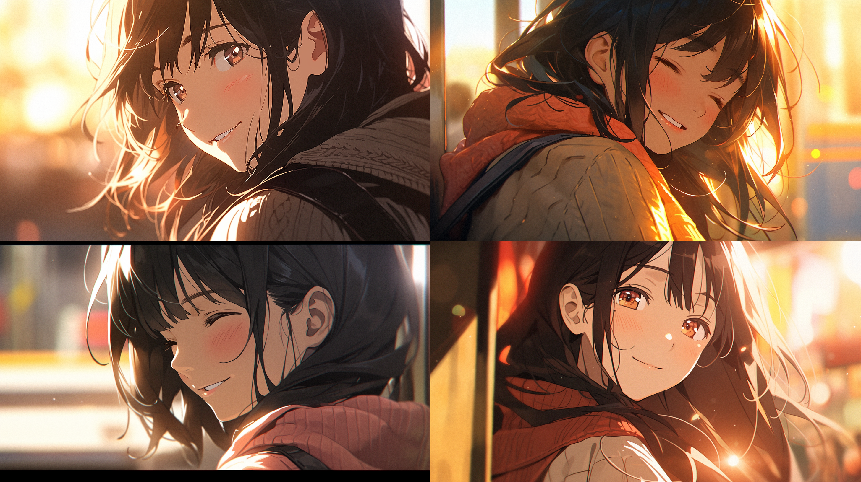 女孩车站回头，微笑，阳光明媚，真实动漫风格，黑色头发，光线照射，暖色调，侧光，肩部特写，抓拍，温馨。 头部特写 太阳光