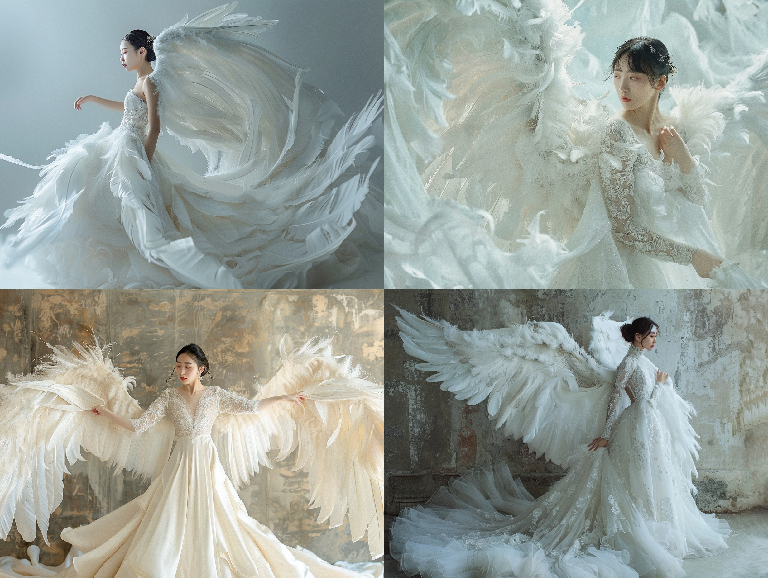realism brutalism minimalism a chinese woman in a white wedding dress with a pair of feathered wings outstretched behind her back, fluffy flapping wings, styled as luminous and dreamy scene