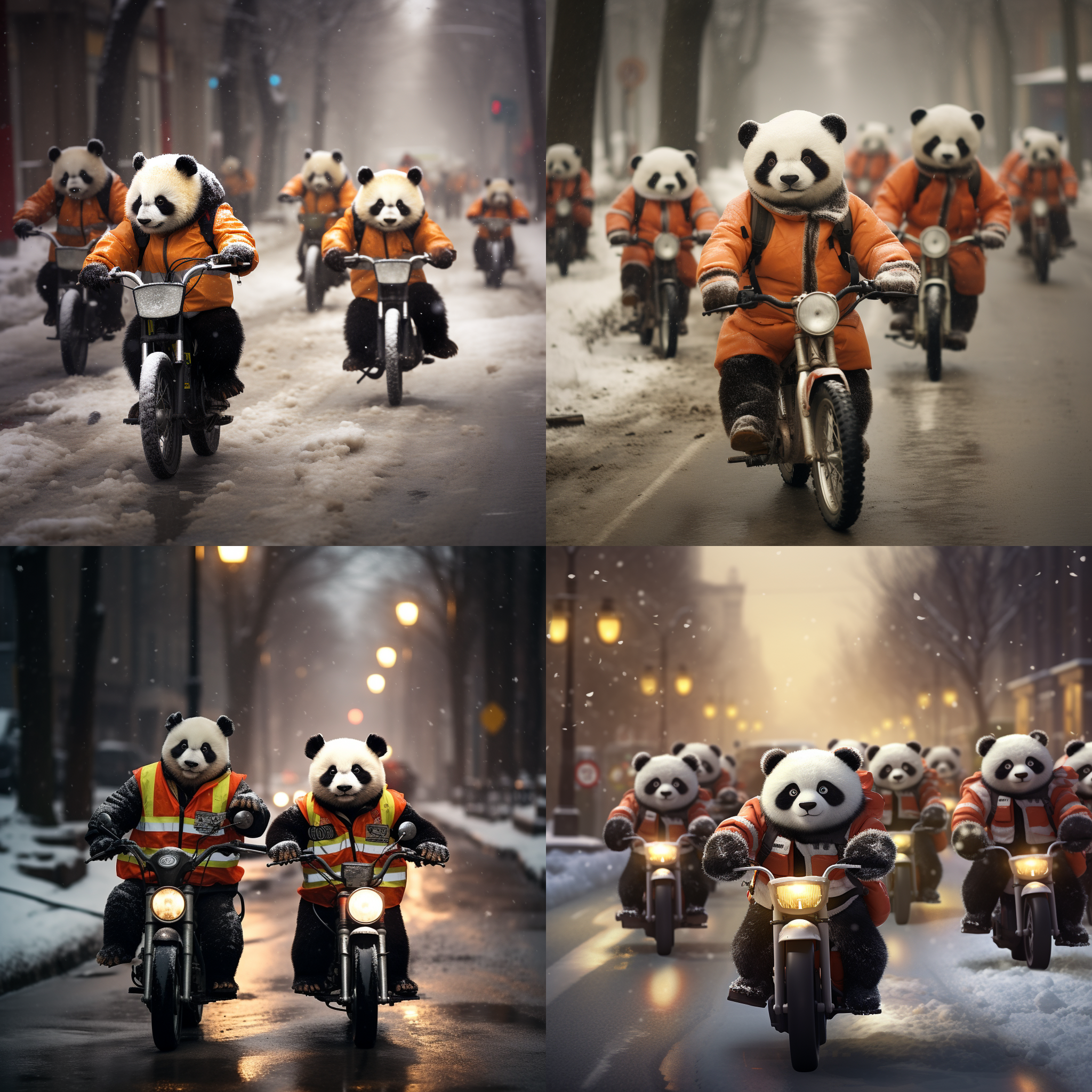 熊猫穿交警制服，骑儿童自行车，下雪天，积雪地面，暖色调，环境光，长焦镜头，动作捕捉，童趣，对比色，快门优先，欢乐。