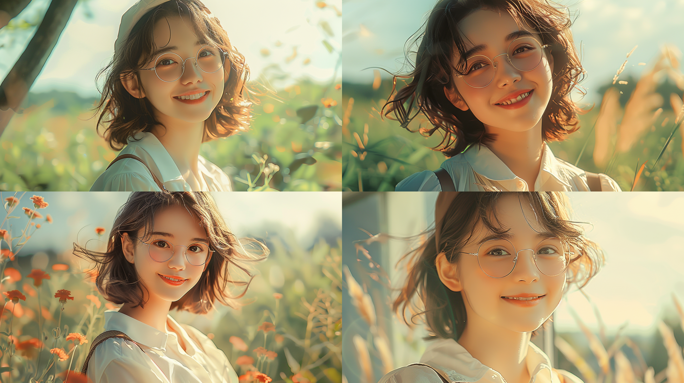 女孩室外写真，光影交错，自然姿态，微风拂面，笑容明亮，色彩鲜艳，广角镜头，柔和光线，平静，自然。