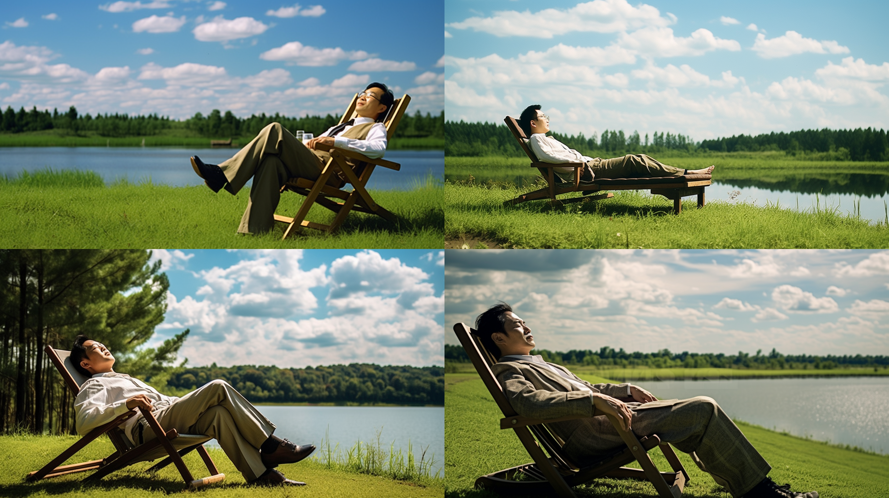 普通汉族男人躺在躺椅上，木桌，中国绿茶，湖泊背景，翠绿草地，树林，正午阳光，蓝天白云，户外摄影,背光,自然光,休闲,清新,和谐,蓝绿色调,放松。舒适,安静,微笑。