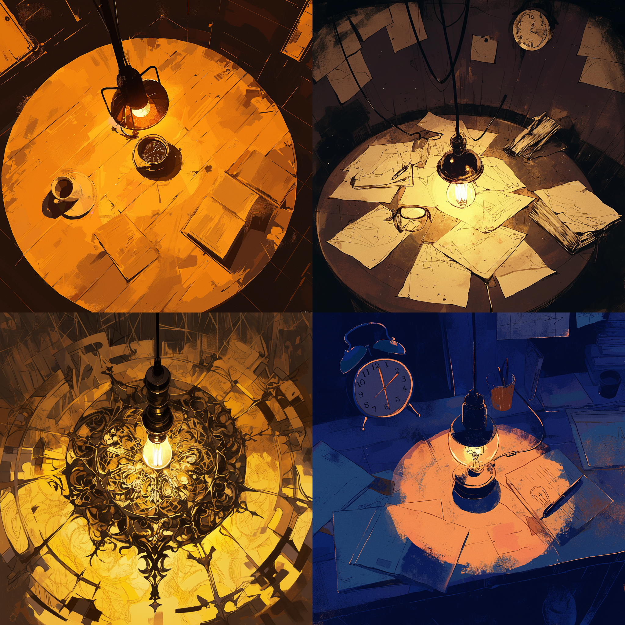 座钟滴答，老旧钨丝灯悬挂中央，昏暗光芒，静谧氛围，墨汁般晕染，大圆桌斑驳，繁复花纹，昏暗光线，庄重气氛，座钟声，黑色电线，传统风格，昏黄灯光。