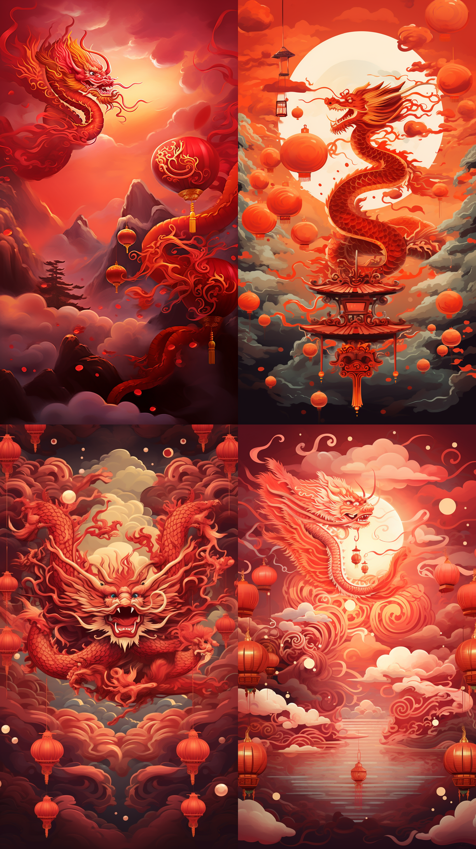 舞动的龙，红色背景，灯笼，喜庆元素，精致美丽，超高分辨率，饱和度高，明亮照射，流线型构图，细节丰富，龙纹鳞甲，祥云飘逸，喜庆氛围，欢快。