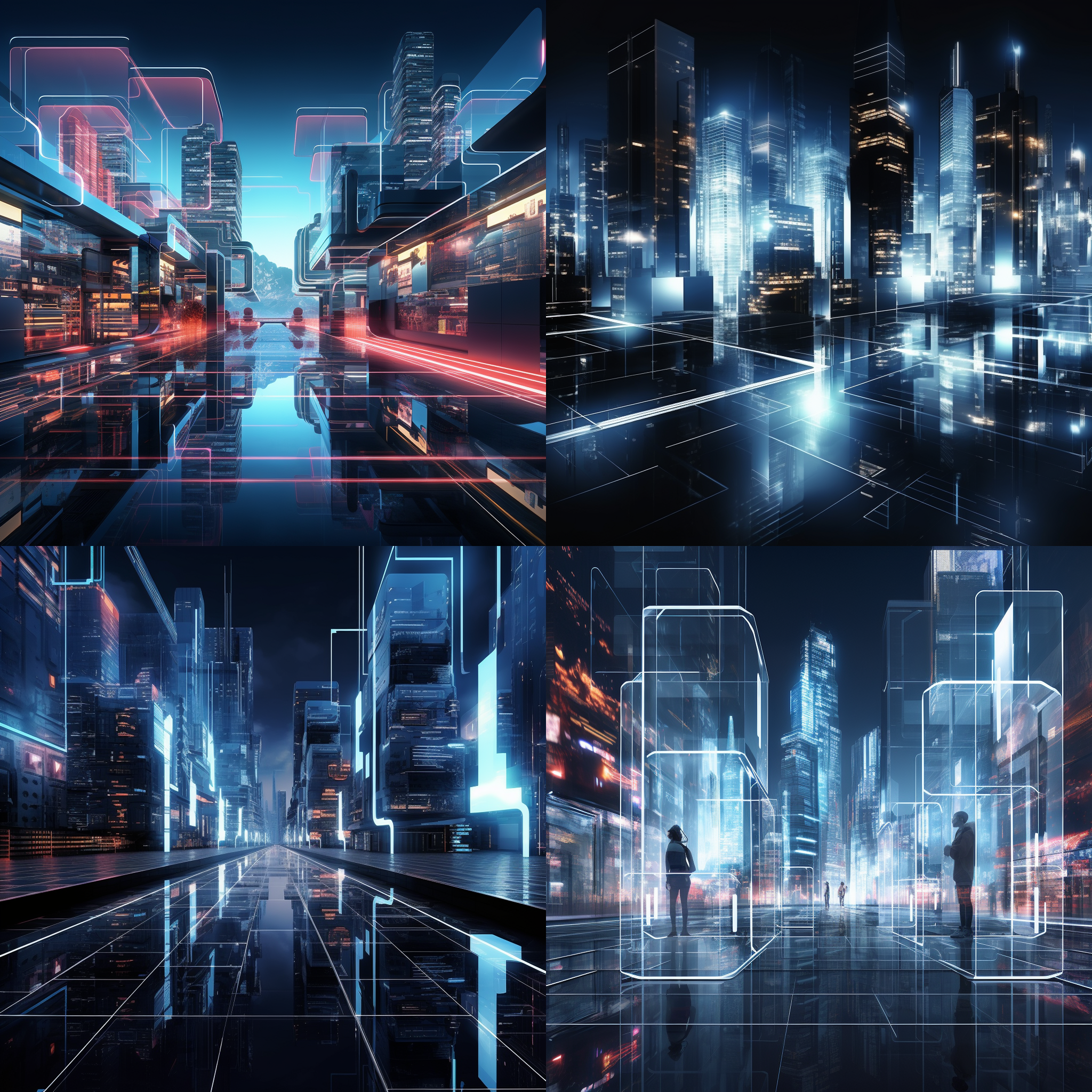 未来城市建筑，神秘光影，现代设计，高级灰色调，透视效果，玻璃幕墙，夜景，科幻风格，数字艺术，抽象构图，霓虹灯光，未来主义情绪。