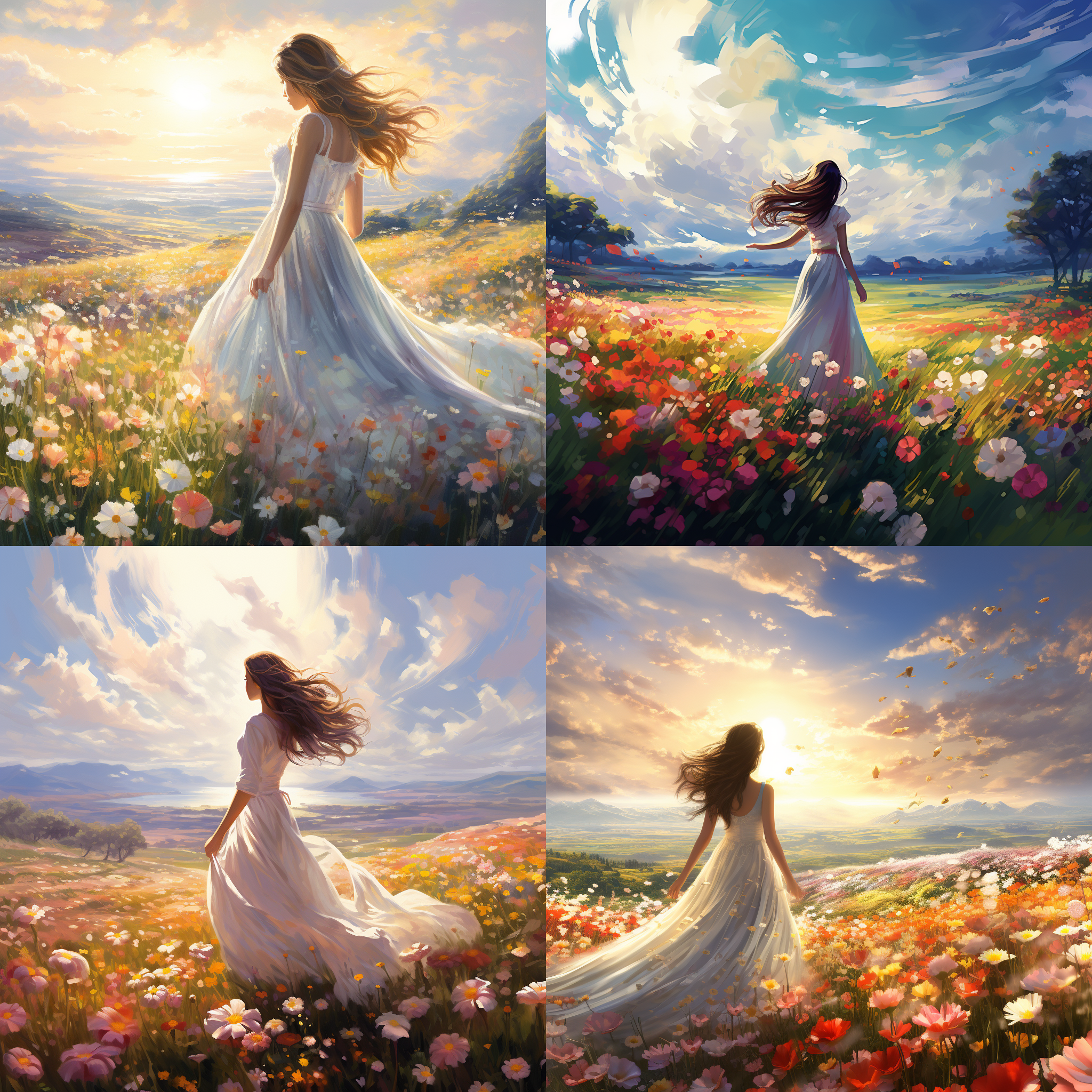 鲜艳的花朵在广阔的田野上绽放，阳光透过云层洒在花田上，形成柔和的光影。花田中心处有一棵高大的树木，树下坐着一个年轻女子，她身穿白色长裙，长发披肩，微笑着欣赏着花海的美景。花田四周是绿意盎然的草地和远处的山脉。花海中散落着彩蝶，给整个画面增添了生机与活力。花田，广角镜头，明亮，鲜艳，自然，柔和，静谧，欣赏。