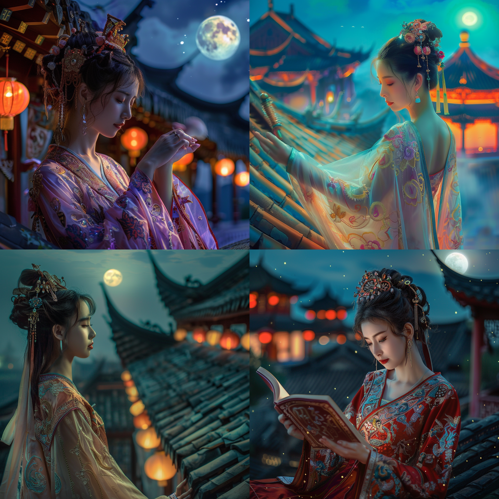 美女吟诗，古代建筑屋顶，色彩斑斓，柔和丰富，电影画质，明亮光影。屋顶细节清晰，美女华丽古装，面容端庄，深情表情。屋顶亮丽色彩，月亮映照美景，唯美浪漫。柔光，对焦，高饱和度，魅力，古风，唯美，温柔，灵动，夜景。