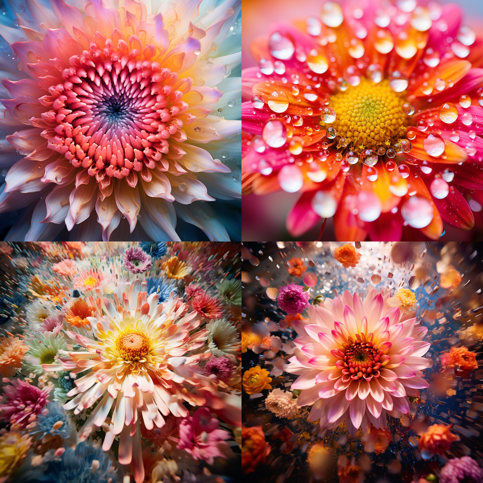 花海中央，视角往下，正中央构图，鲜艳色彩，微距镜头，自然光，静态，缓慢移动，和谐，宁静。