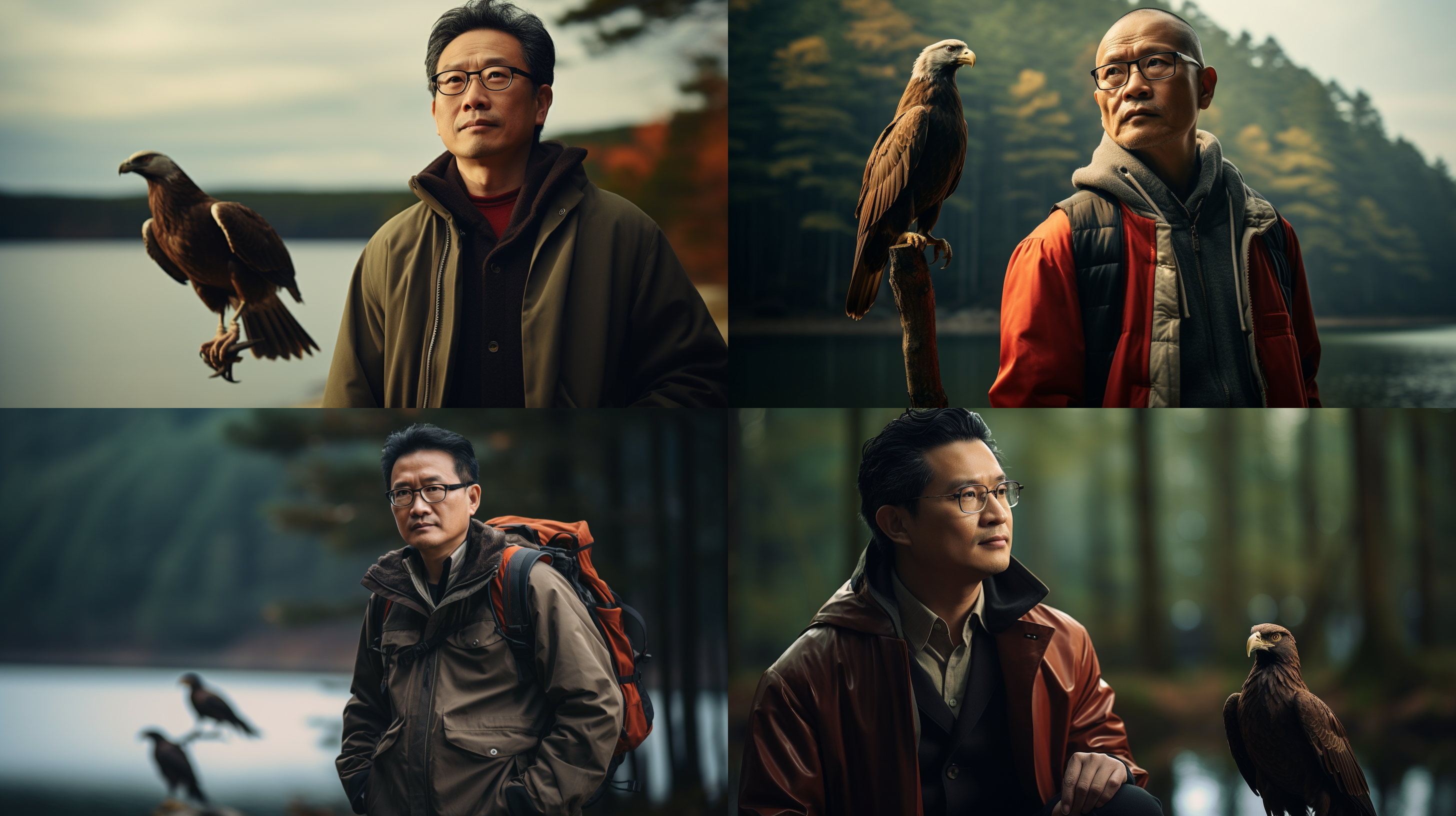 中国男人，戴眼镜，40岁，树林散步，神鹰伴随，湖泊远处，长焦镜头，背影，自然光，和谐色调，思考，平静。