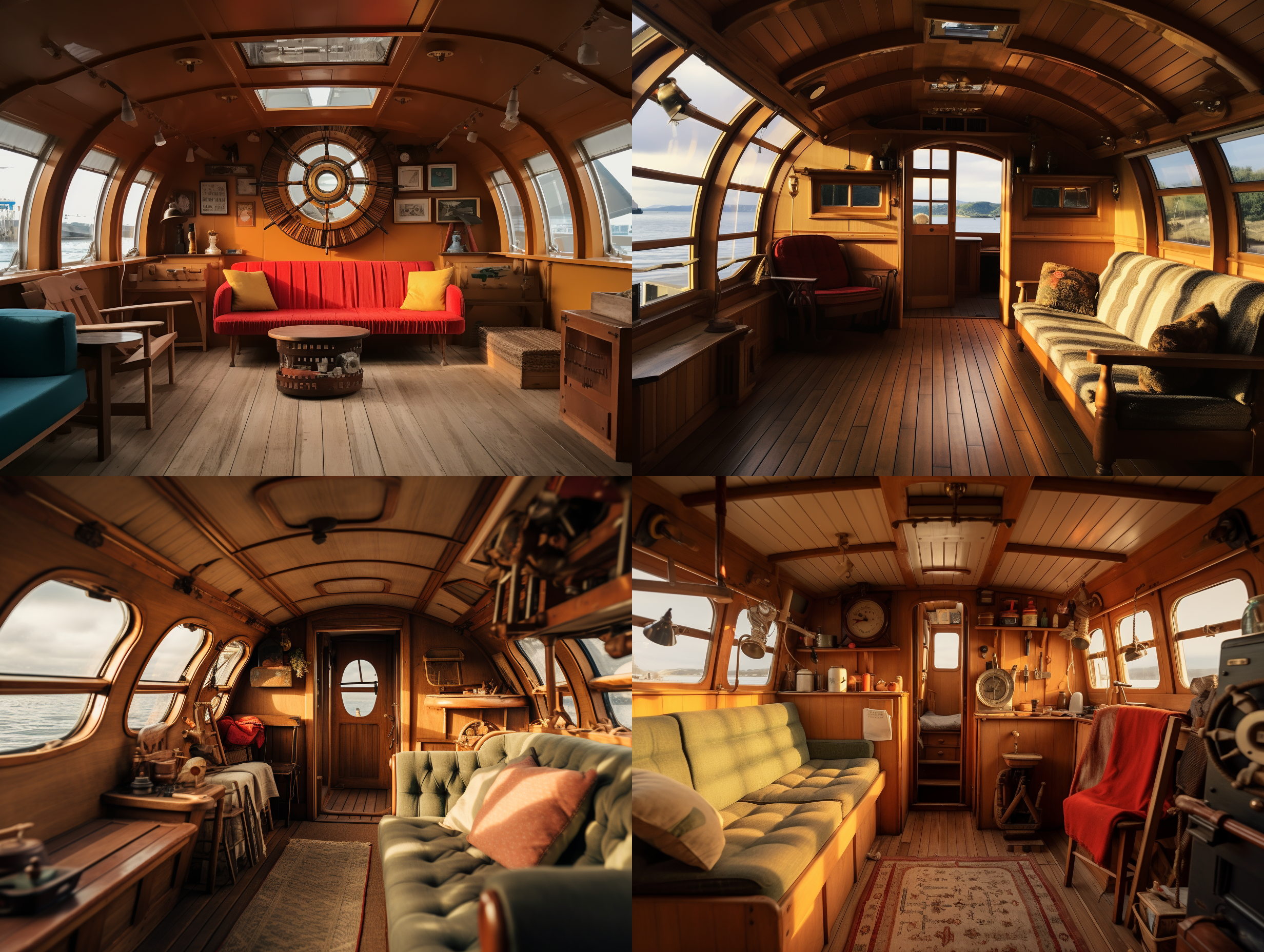 船屋内部，12m长6m宽，水上漂浮，船长，船舱布局，木质结构，舷窗，朦胧光线，复古风格，暖色调，眺望远方，安详。