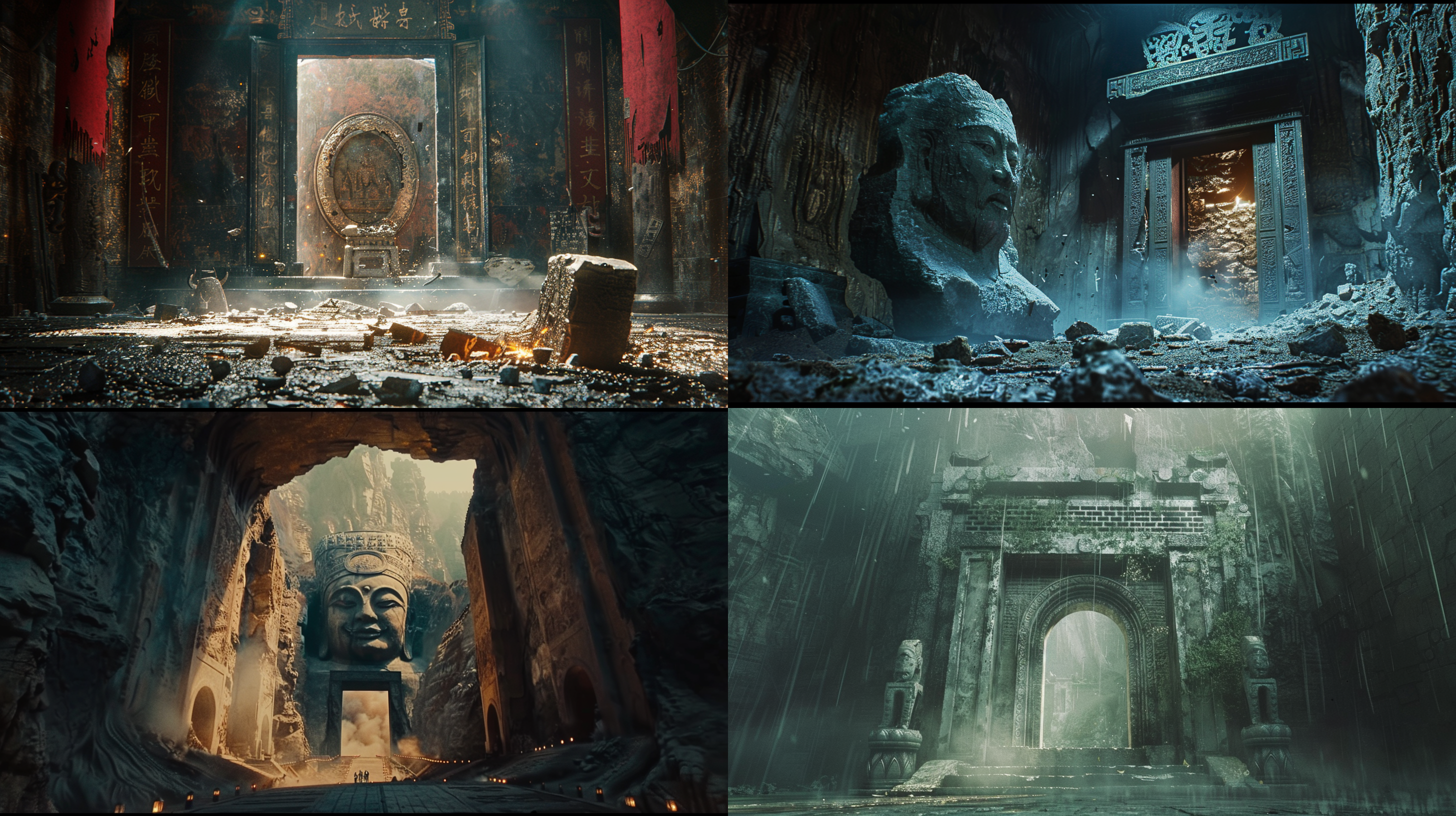 中国的地底古墓，巨大的墓门，从里到外发生了巨大的爆炸，门前的神秘石像被炸碎，电影构图，大师级光影，丰富细节，8k