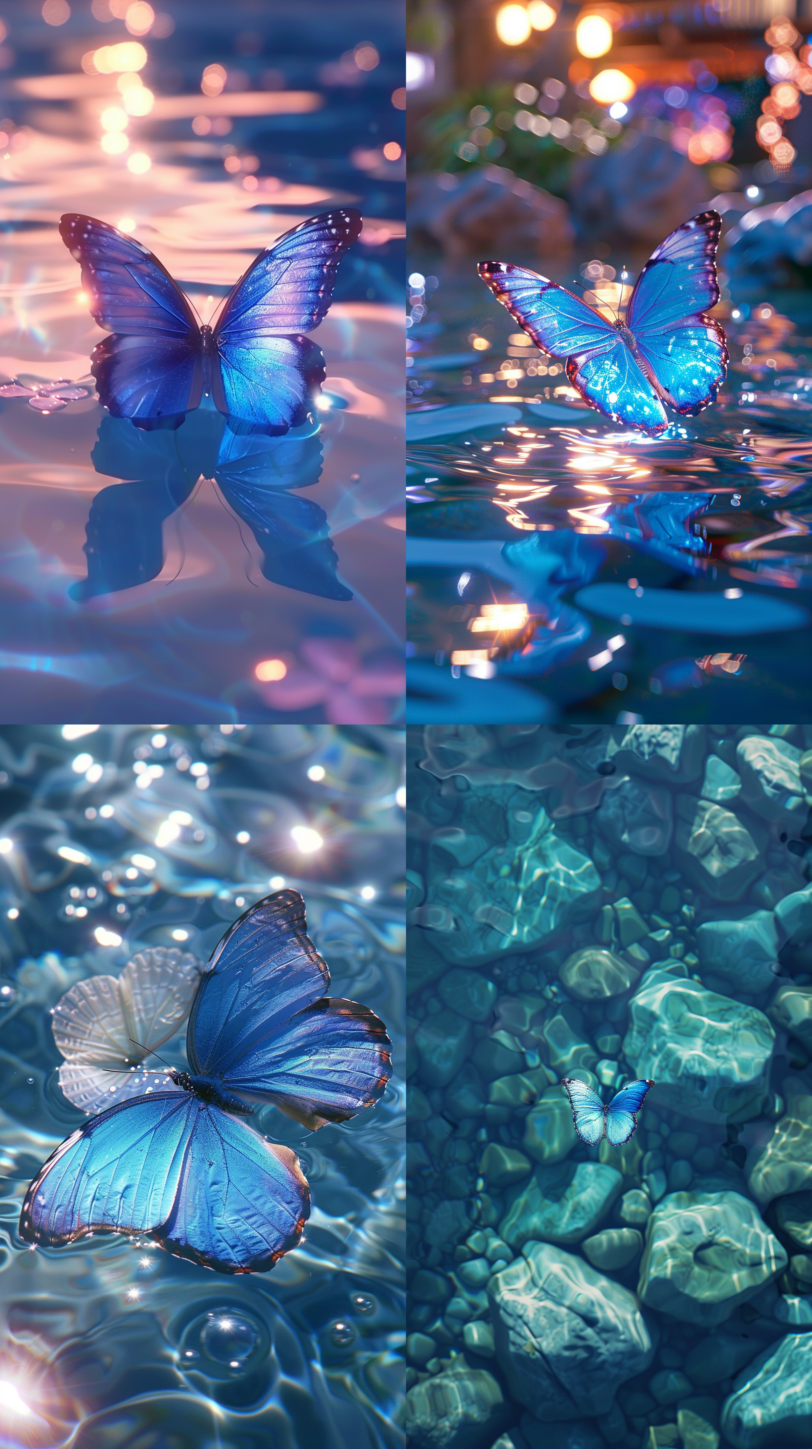 蓝色蝴蝶游泳，y2k风格，梦幻景观，单色调，泳池中心，清晰精致，透视运用，自然主义怀旧，水中浮动，梦幻色彩，轻盈氛围。