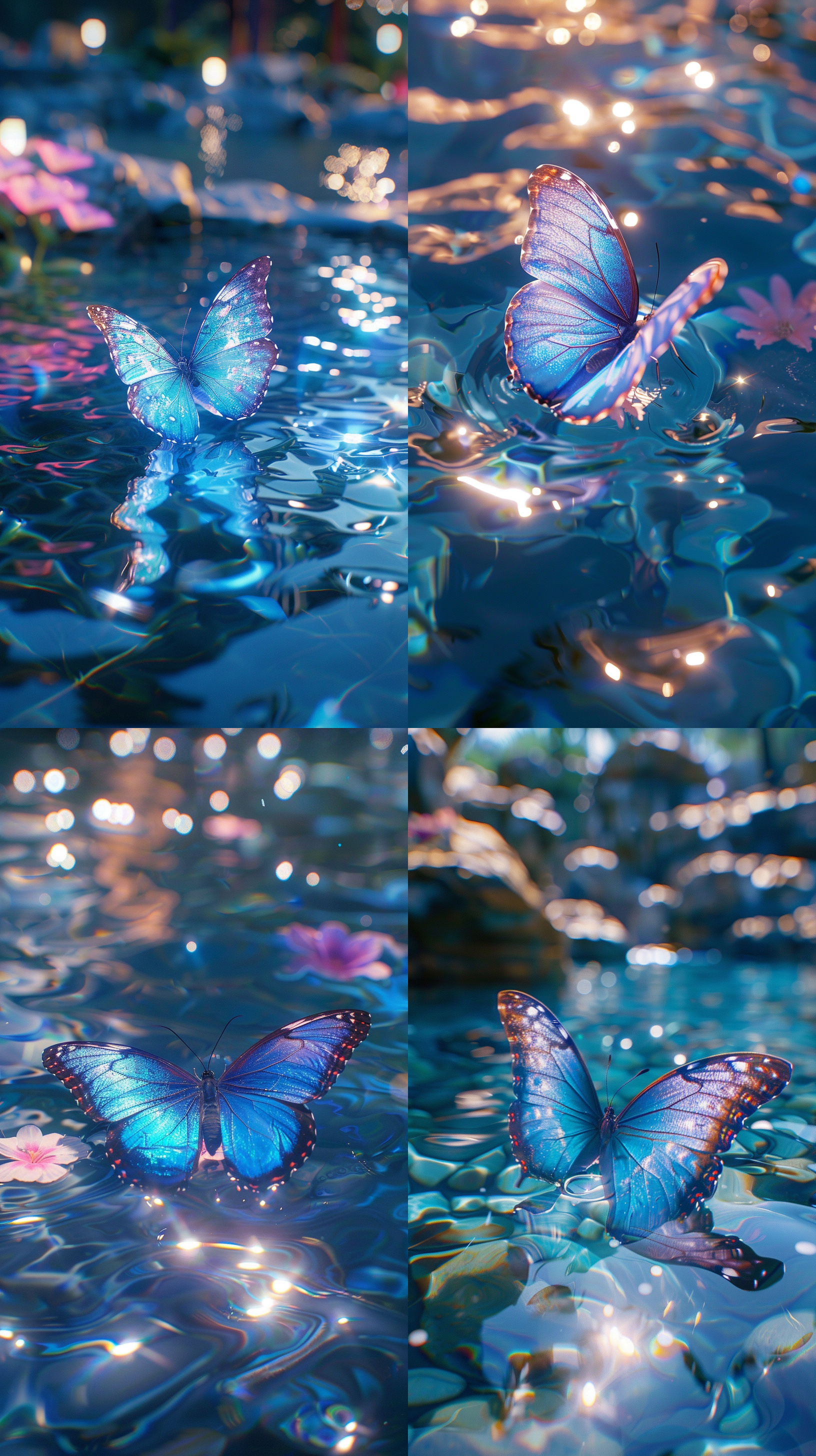 蓝色蝴蝶游泳，y2k风格，梦幻景观，单色调，泳池中心，清晰精致，透视运用，自然主义怀旧，水中浮动，梦幻色彩，轻盈氛围。