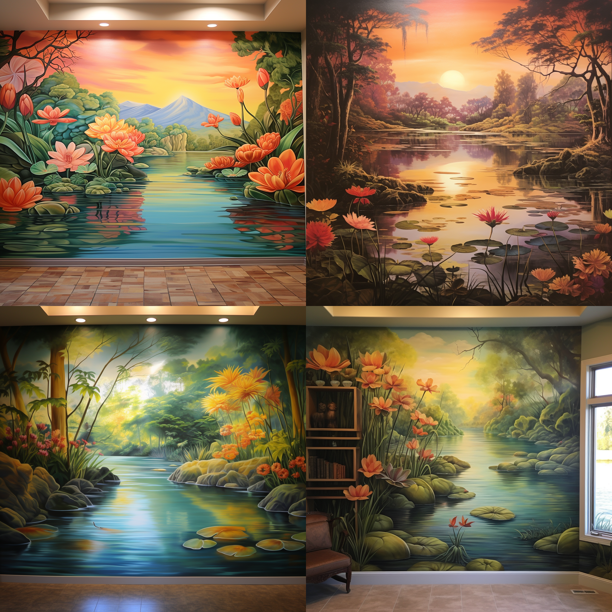 室内上水风景壁画，细腻绘画，色彩丰富，水面倒影，逼真细节，壁画墙面，暖色调，柔和光线，静态，宁静祥和。