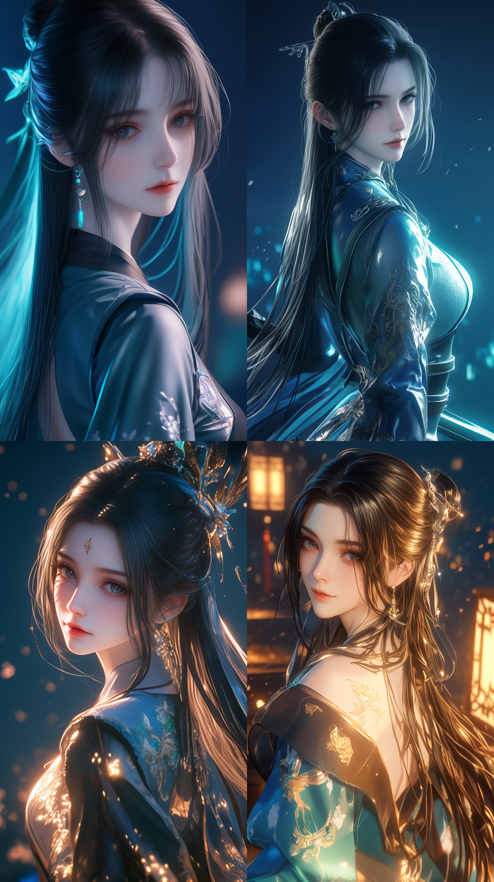a chinese beauty looking back at the camera, 0.75 angle of view, facing the camera, side view, close-up, smile, long black hair, cyan hanfu, tang suit, unreal background, night scene light, top light, side light, 3d, chinese style illustration, future ism style, cyberpunk, cyborgs