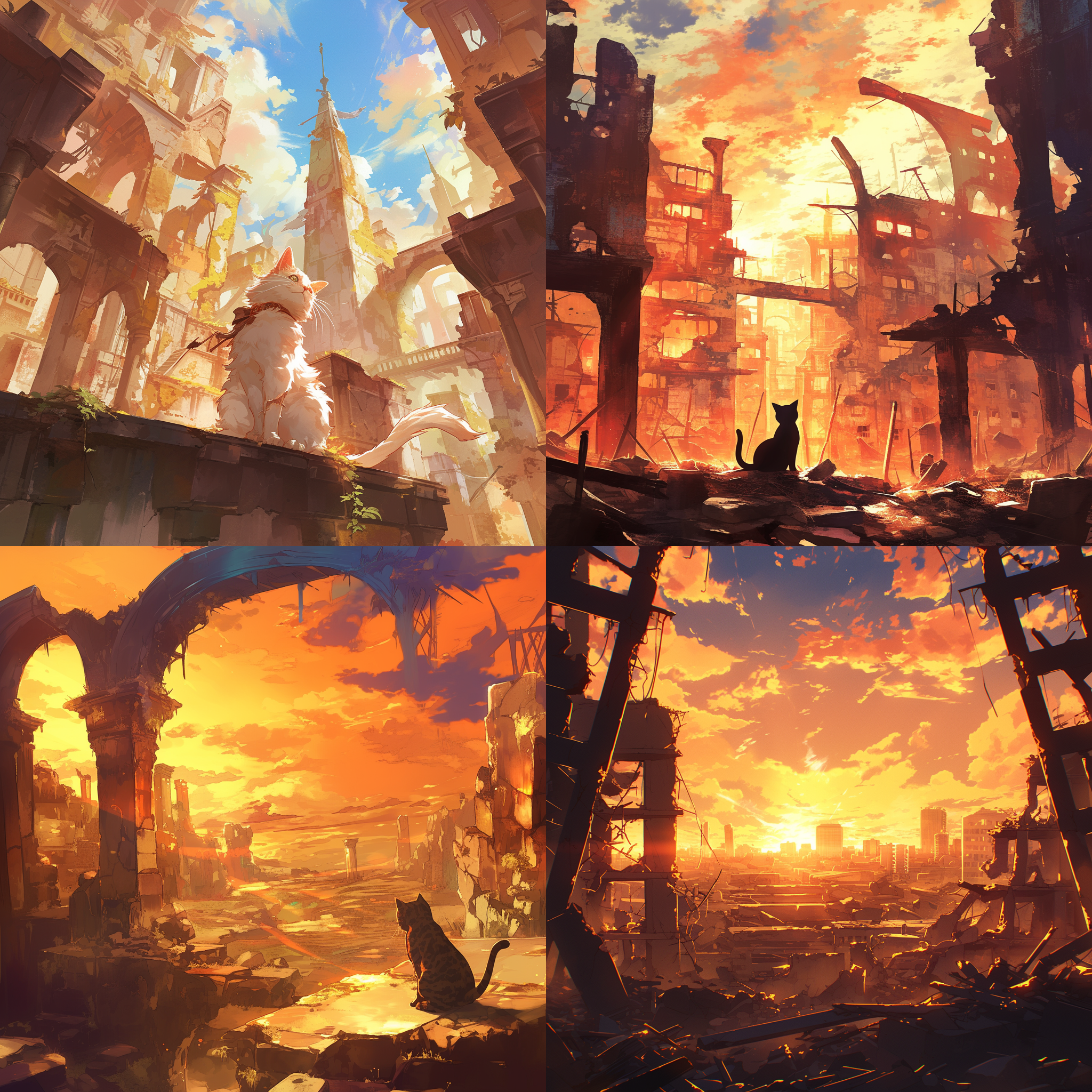 金渐层小猫主角，荒芜的世界背景，残垣断壁，人类灭绝，广角，正面角度，温馨画面