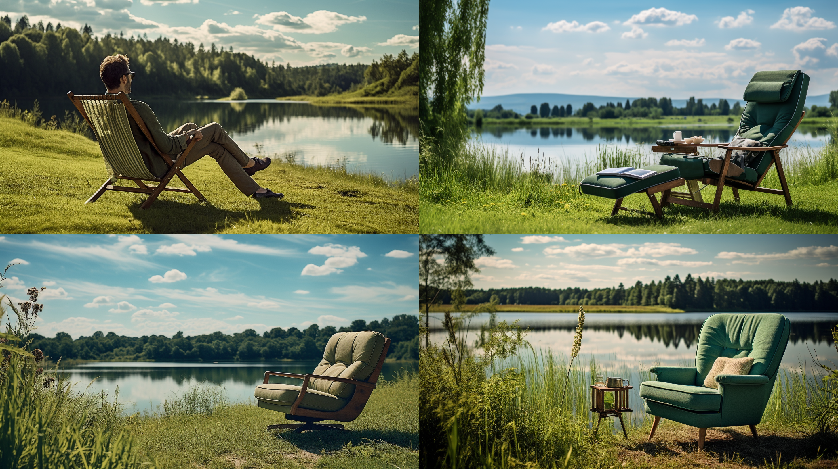 男人躺椅上，湖泊背景，翠绿草地，树林，正午阳光，木桌,户外摄影,背光,自然光,休闲,清新,和谐,蓝绿色调,放松。