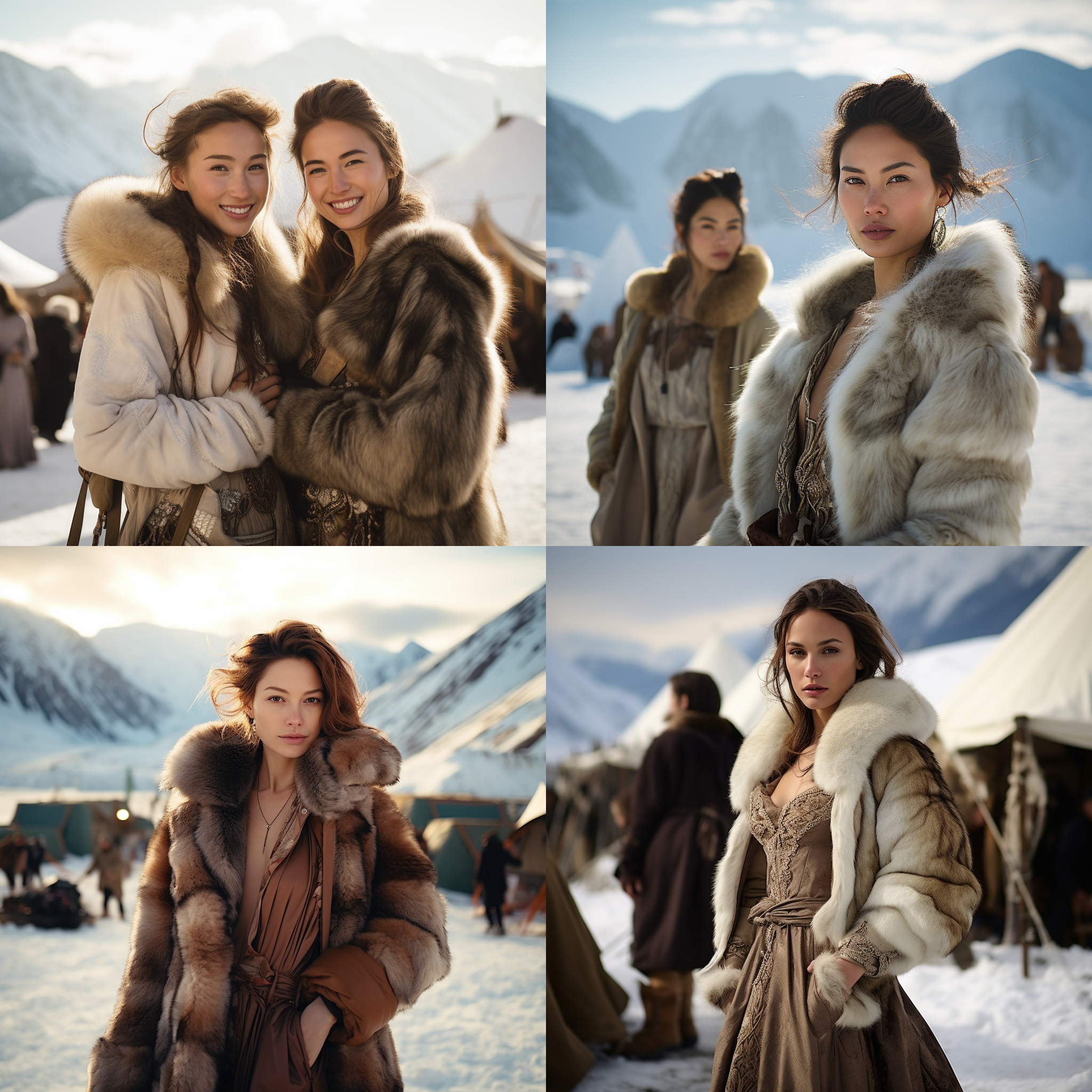 时尚女性穿着皮草大衣站在北极冰川旁的帐篷前，远处是雪山。中央构图，冷色调，长焦镜头，柔和侧光，优雅姿态，自信微笑，神秘气质。