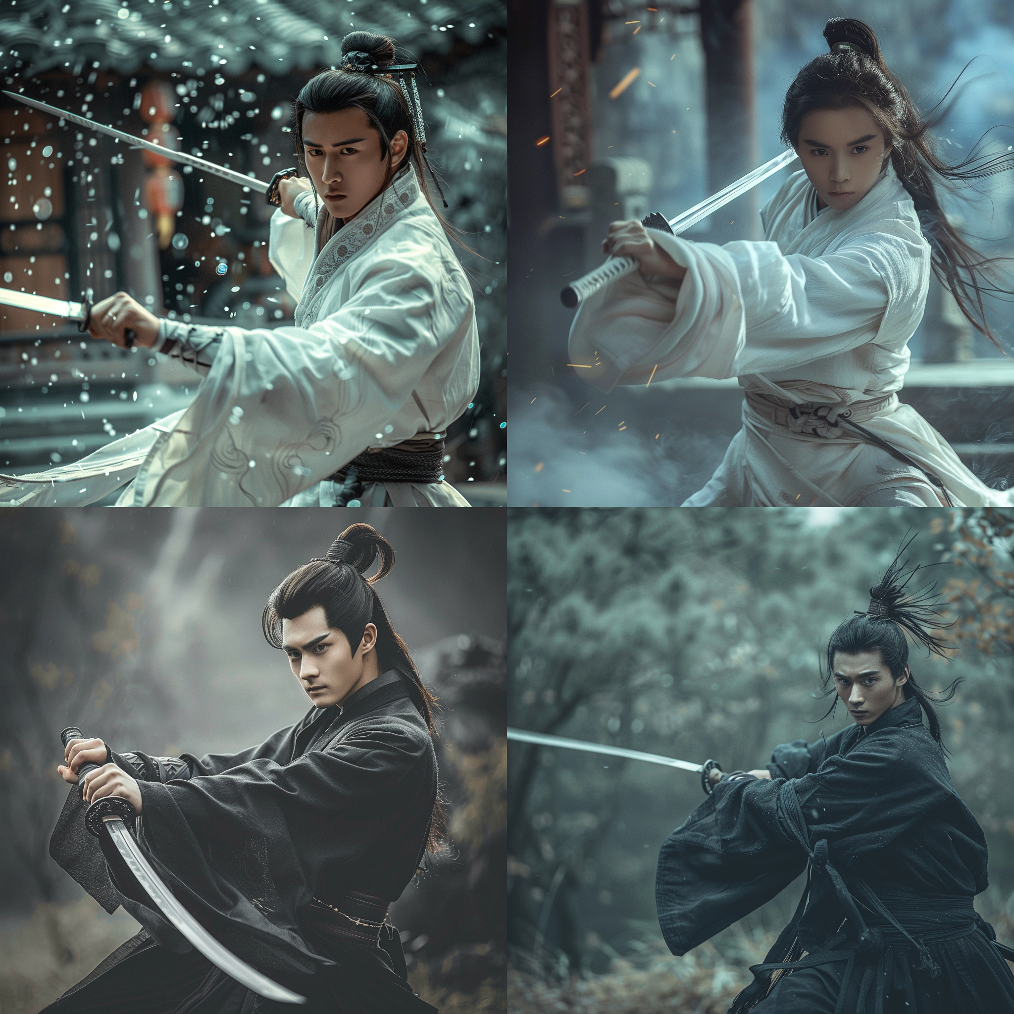 古风杨过，潇洒不羁，亦正亦邪，神秘内敛，内力充盈，高超剑法，禅意背景，神秘色调，英雄动作，中国风情。 杨过, 神秘色调, 高超剑法, 禅意背景, 内力充盈, 侧光, 动态模糊, 古风服饰, 传统剑术, 英雄气概, 内敛表情。