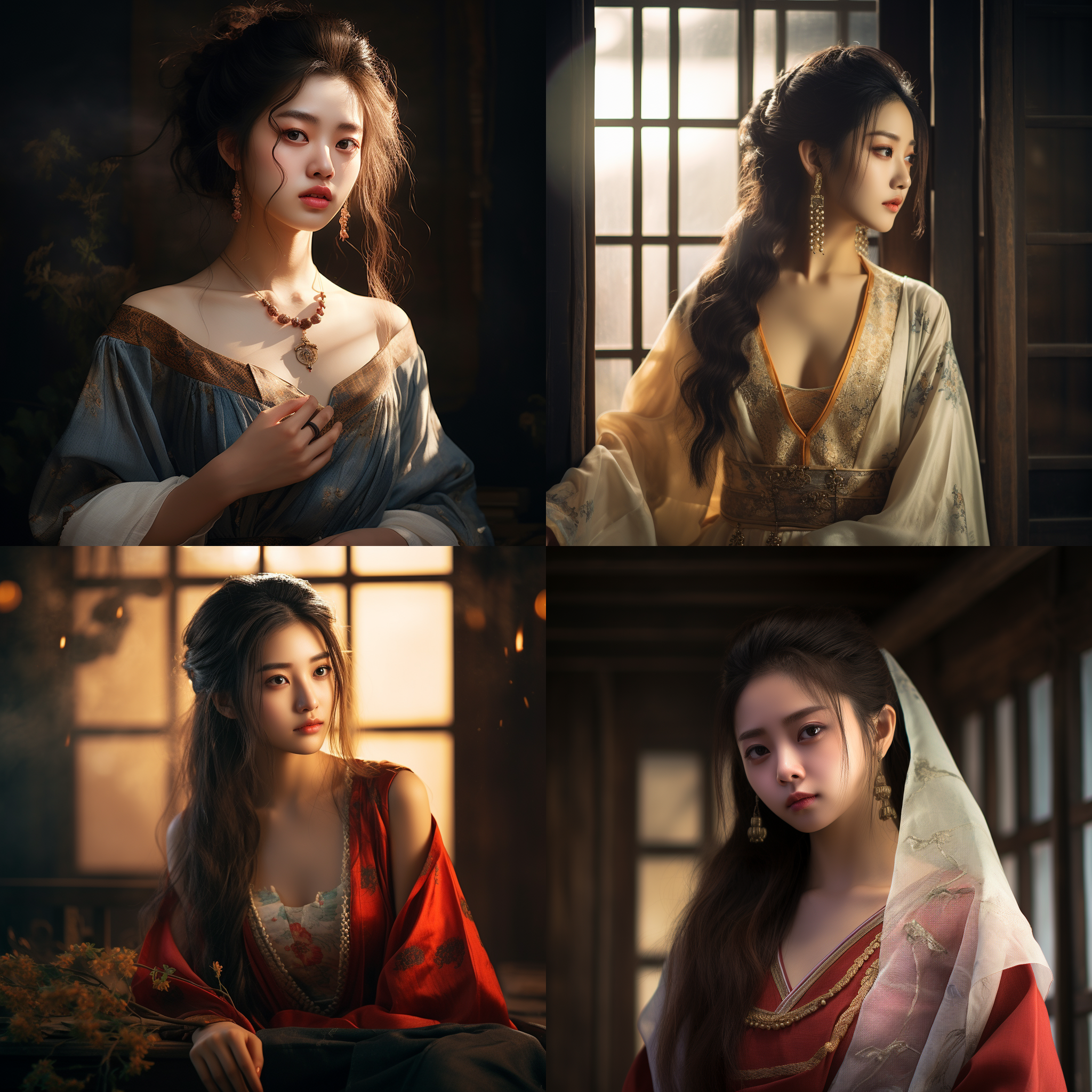 古风美人，正面，平凡陈淑芬风格，忧郁，悲伤，高清晰，肖像模式，暖色调，细节丰富，柔和侧光。