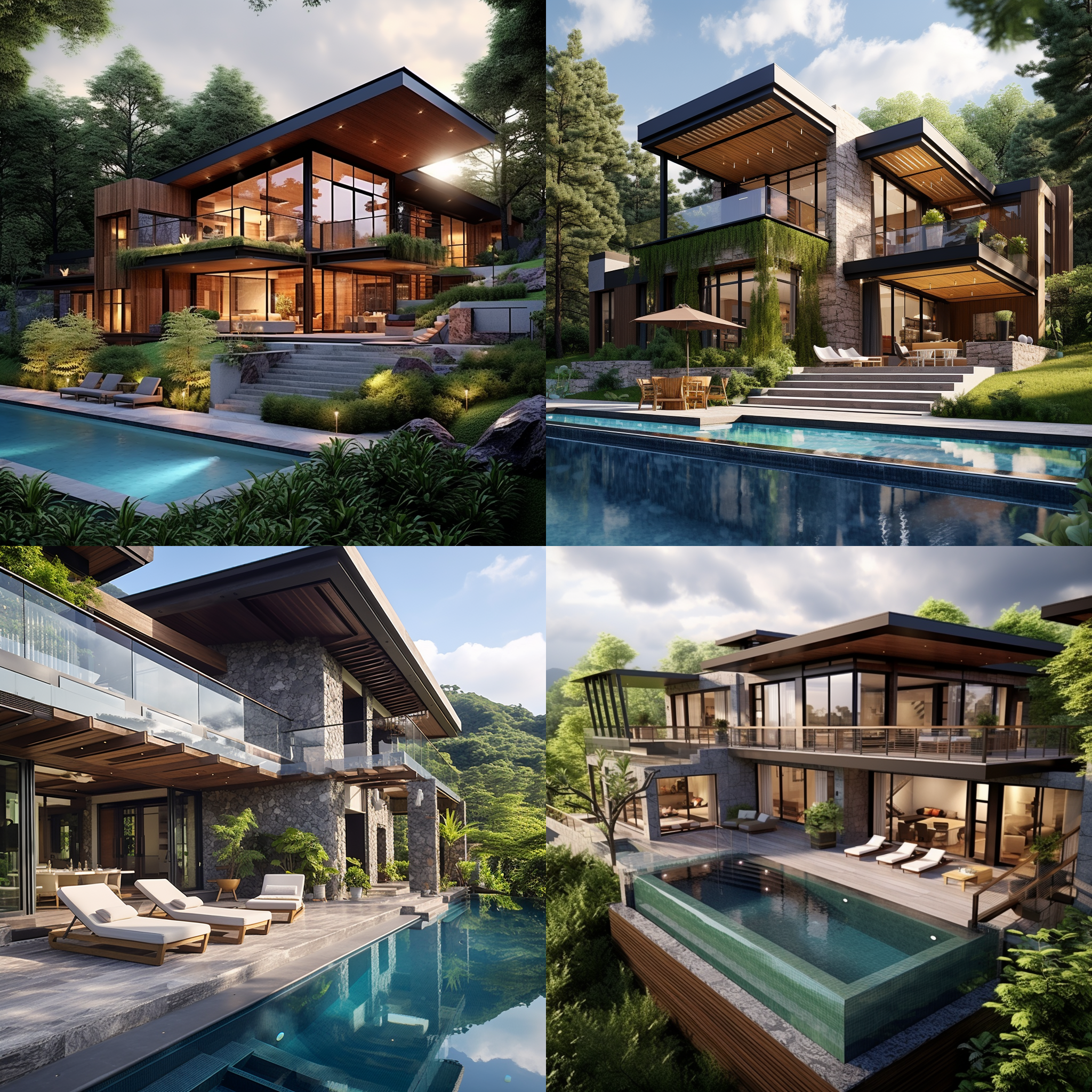 山中别墅，5层楼高度，自然感觉，清新绿色，质朴材质，造型现代，宽广的玻璃窗，明亮的室内光线，开放式空间，温暖的色调，舒适家具，绿树环绕，室外泳池，阳光洒满整个房间，宁静祥和。现代主义，自然风格，开放式设计，大片玻璃窗，室内外融合，明亮光线，舒适环境，绿色植物，室外泳池，宁静和谐，享受山中别墅的宁静生活。