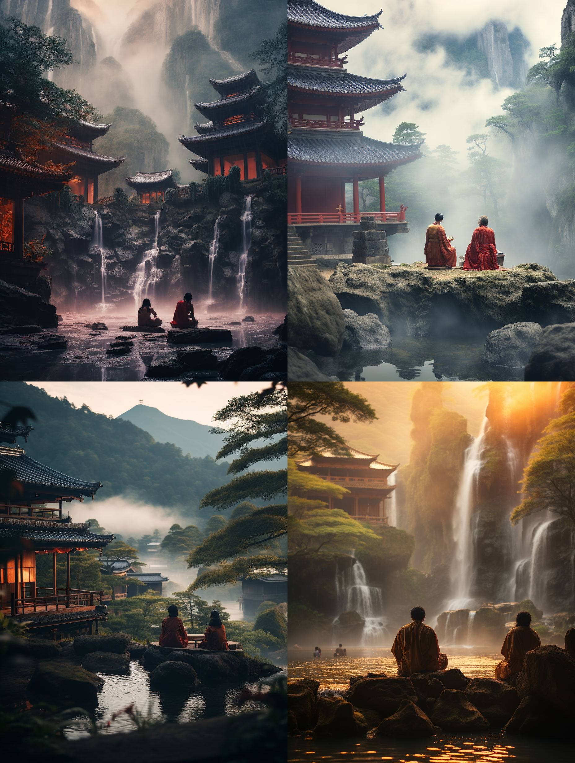 和服人物打坐在道家温泉古建筑前，山溪瀑布水雾蒸腾，柔光下静谧宁静。中焦镜头捕捉细节丰富的场景，自然色调营造神秘氛围。摄影纪实，动画艺术。