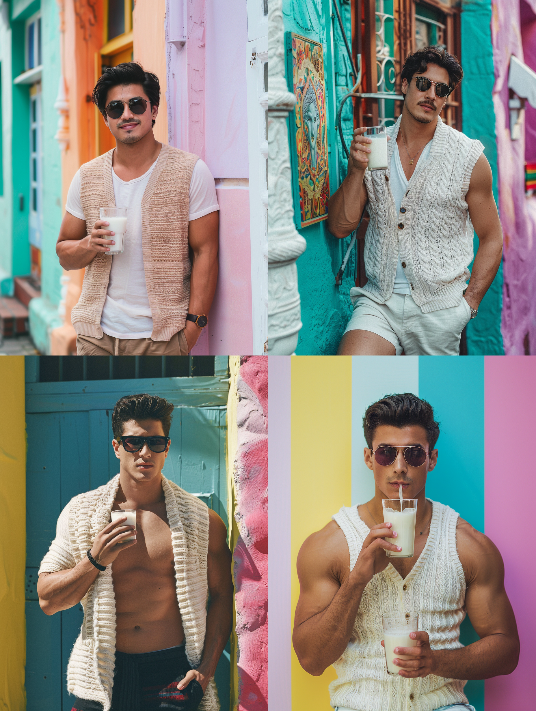英俊的亚洲男人，喝奶茶，墨镜，彩色的墙，大领口针织背心，敞开的衣服，短裤，逼真的摄影风格