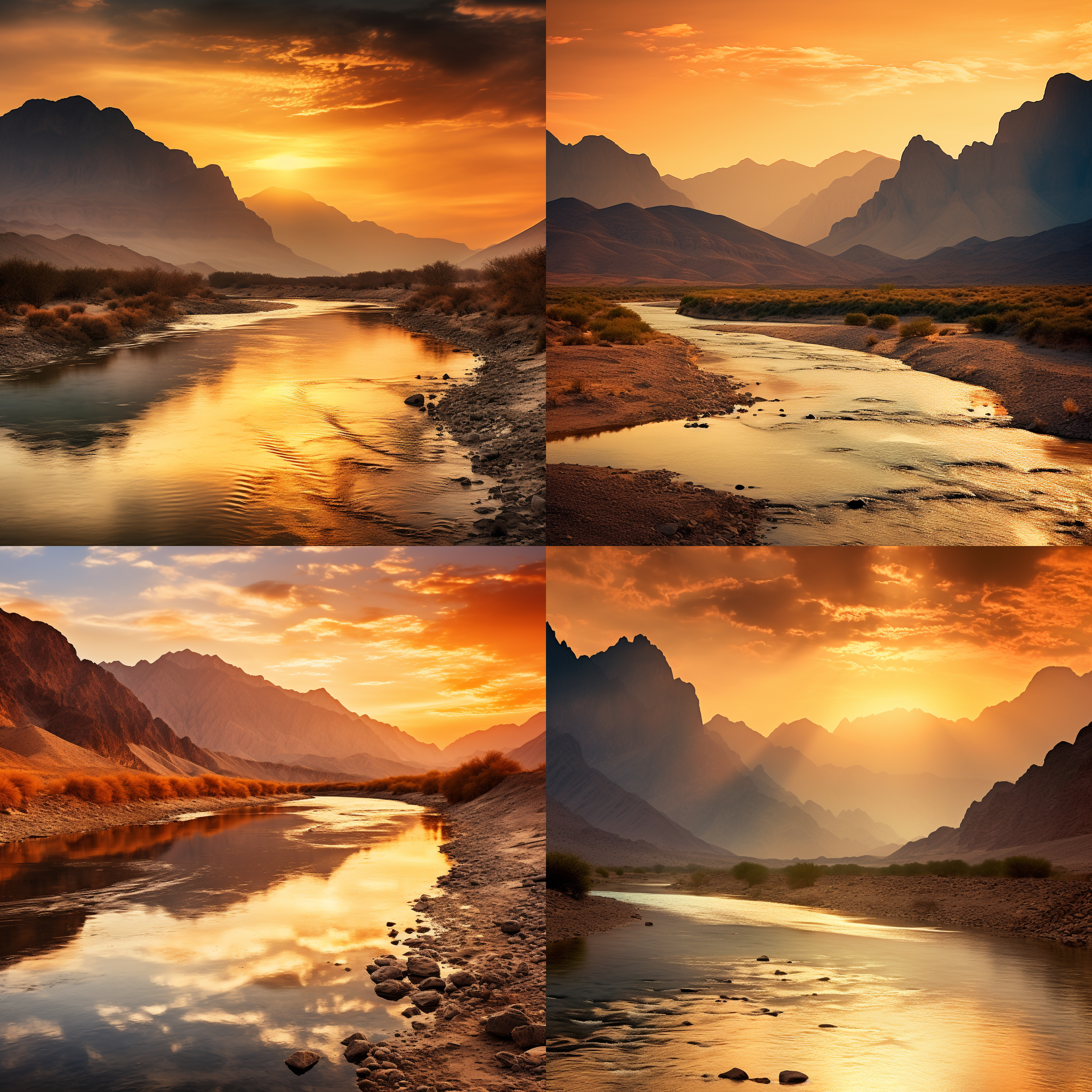 夕阳下的大漠孤烟，雄伟山峰，波光粼粼河水。高清晰度，精细对比，沙漠山峰，黄昏，远景，平衡构图，暖色调，广角镜头，余晖，河水，宁静，壮丽。
