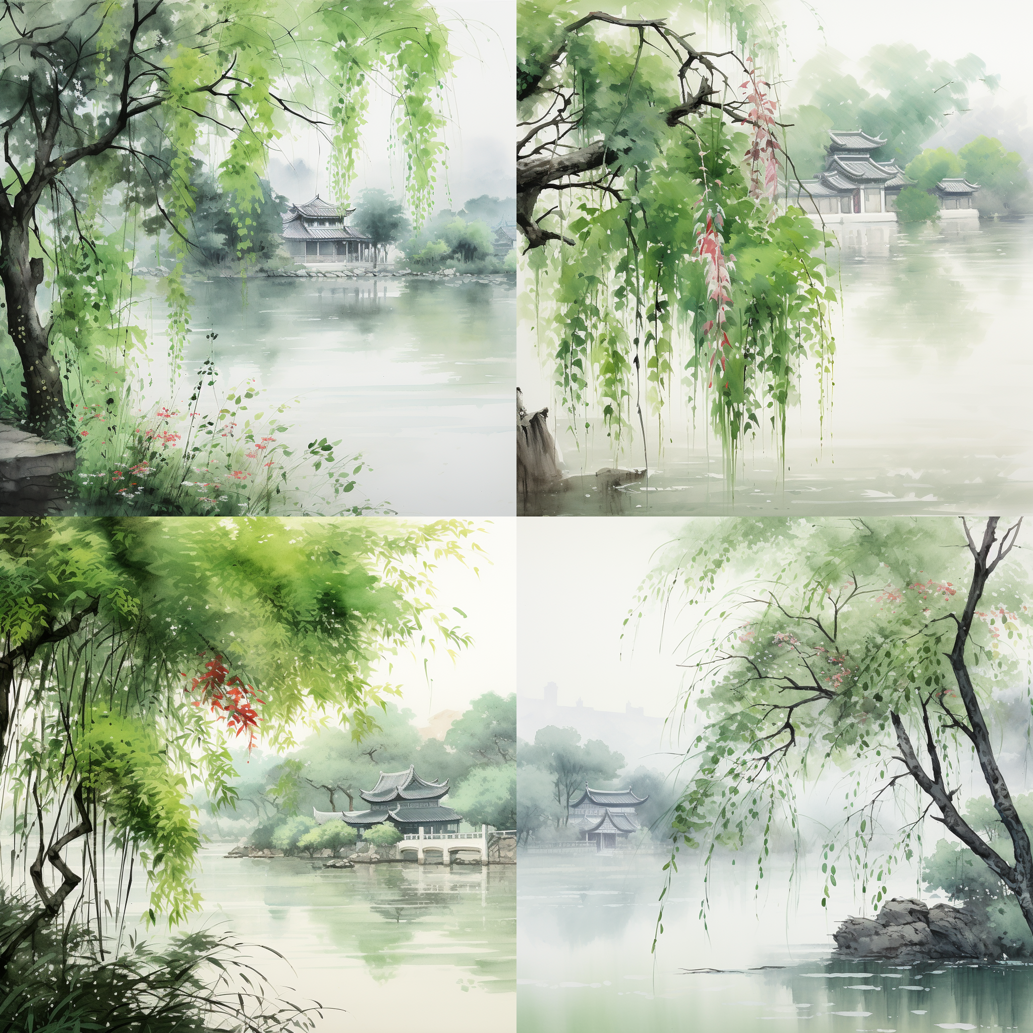 中国传统水墨画风格，春天绿叶红花，美丽的扬州。远处是被模糊的垂柳树荫蔽的绿色，近处是晨雨露水挂满的嫩绿垂柳叶，远景特写，长焦微距，清晨光线，细节，色彩丰富，宁静。