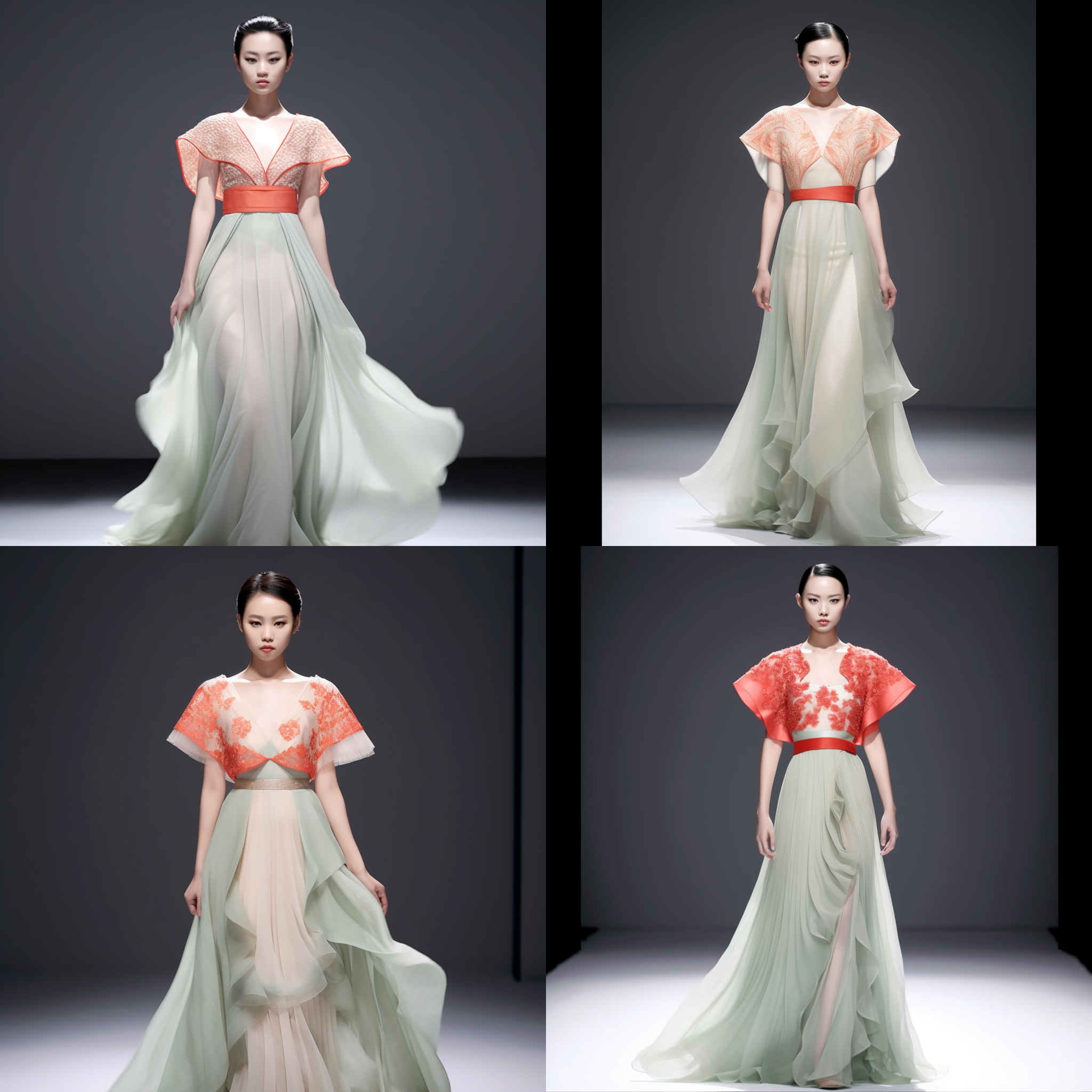 模特, 新中式风格, 解构设计, 拼接设计, 网纱面料, 水溶类似, 优雅, 高贵, 光影交错, 静态姿势, 中等焦距, 柔和侧光, 和谐色调。