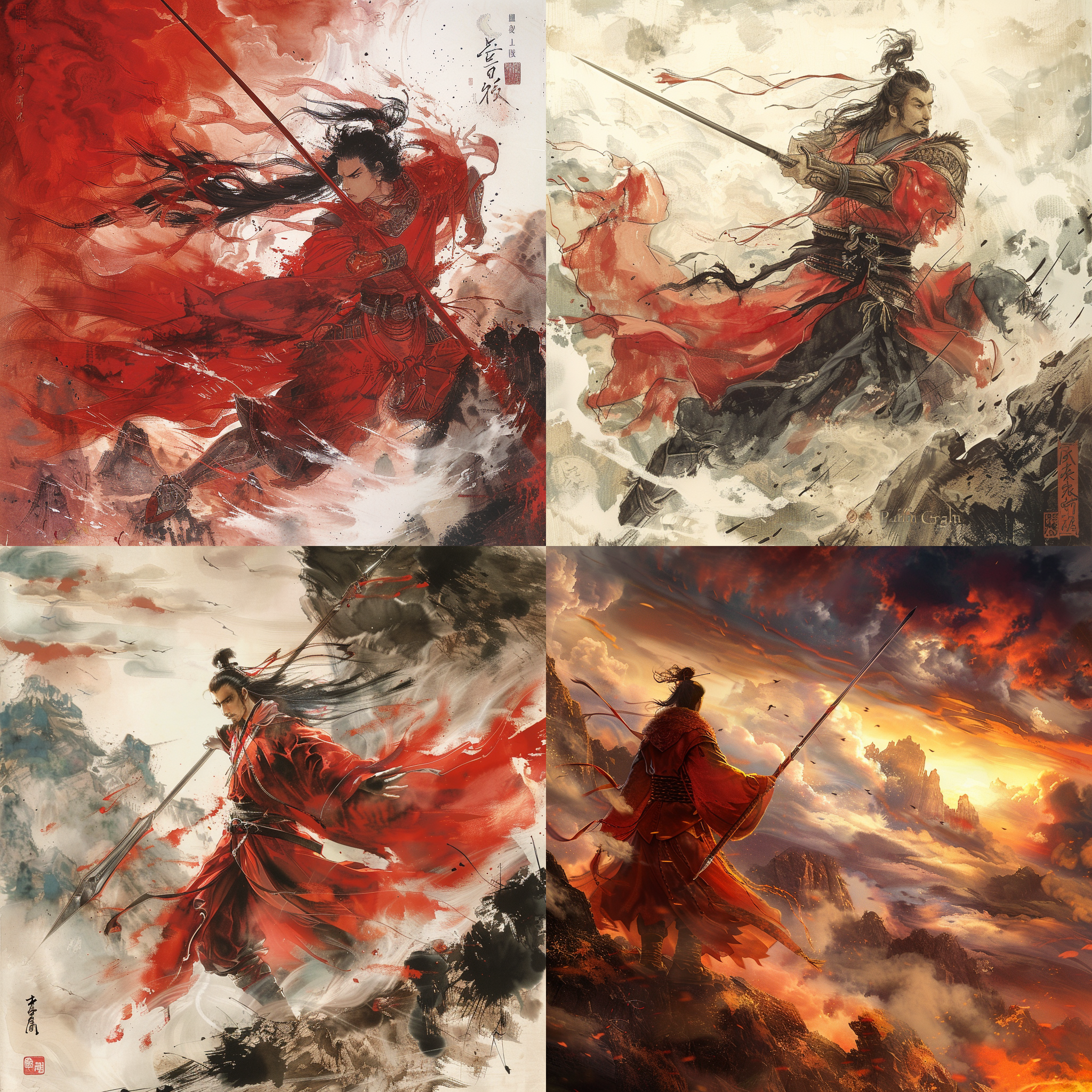 中国古代神话，仪容清俊，手执三尖两刃枪，赤城昭惠英灵圣，显化无边号二郎，山间狂风，云雾缭绕，激情奔放，红色主调，长焦镜头，侧逆光，战斗姿态，威严。