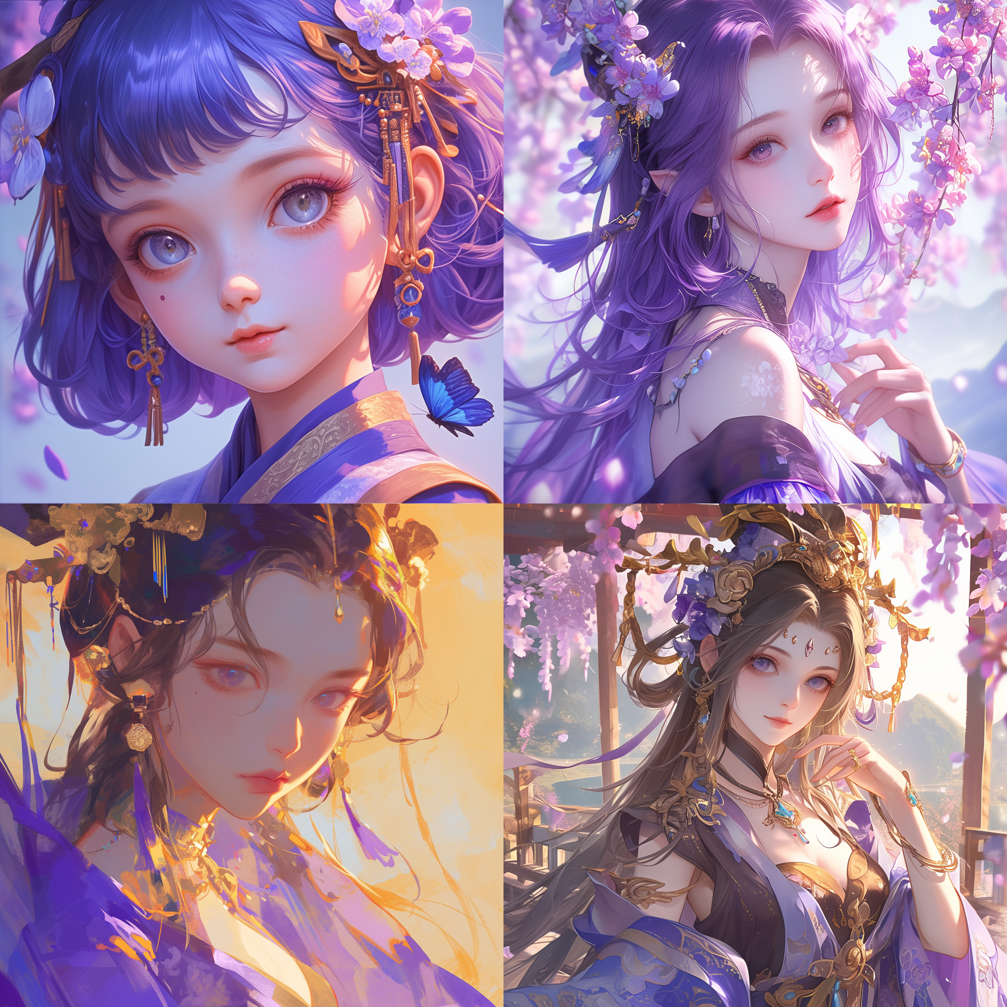 q版古风女孩，侧脸大眼睛，紫色绸缎，山谷，视觉冲击力，吸引眼球，细节丰富，暖色调，柔和光线，高饱和度，唯美情感。