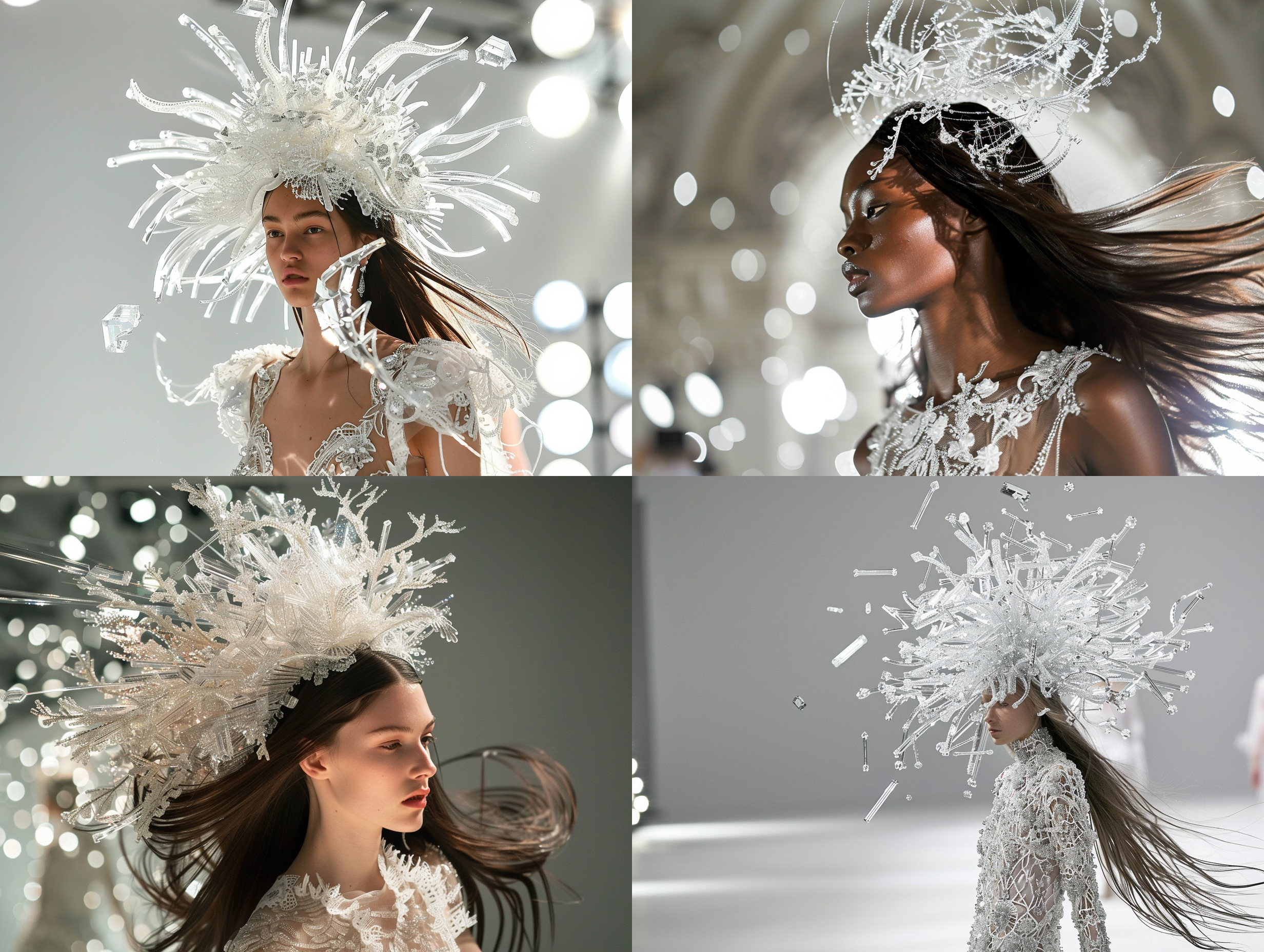 haute couture fashion week model walks on the runway, with long flowing hair, metal crystal shape on the head, high-definition and exquisite facial features, white lace elements, clear clothing deconstruction, the highest aesthetic art, white light background, bright lights, the photo is very clear