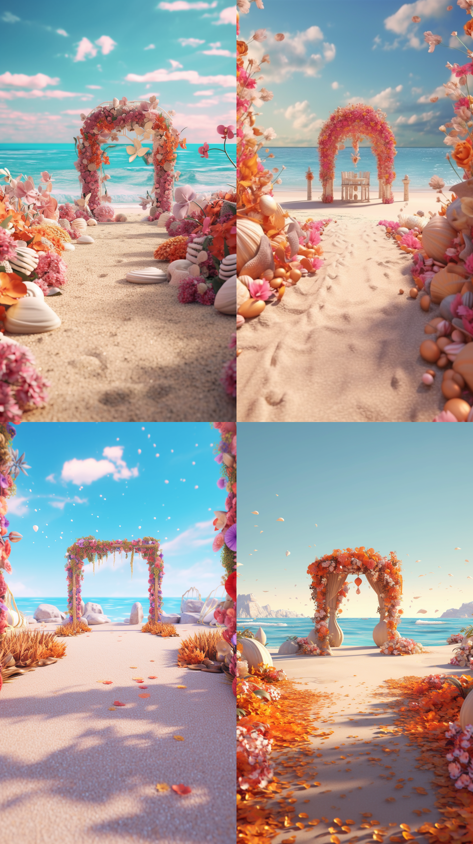 summer, beach wedding, romantic wedding setting, scene, lovely, rich colors, sun, flowers, pearls, shells, beach, wedding, express style, high detail, full body image, a bright color, bright light, cinematic light, wide angle, pixar, 3d rendering, high detail, c4d, super detail, 8k