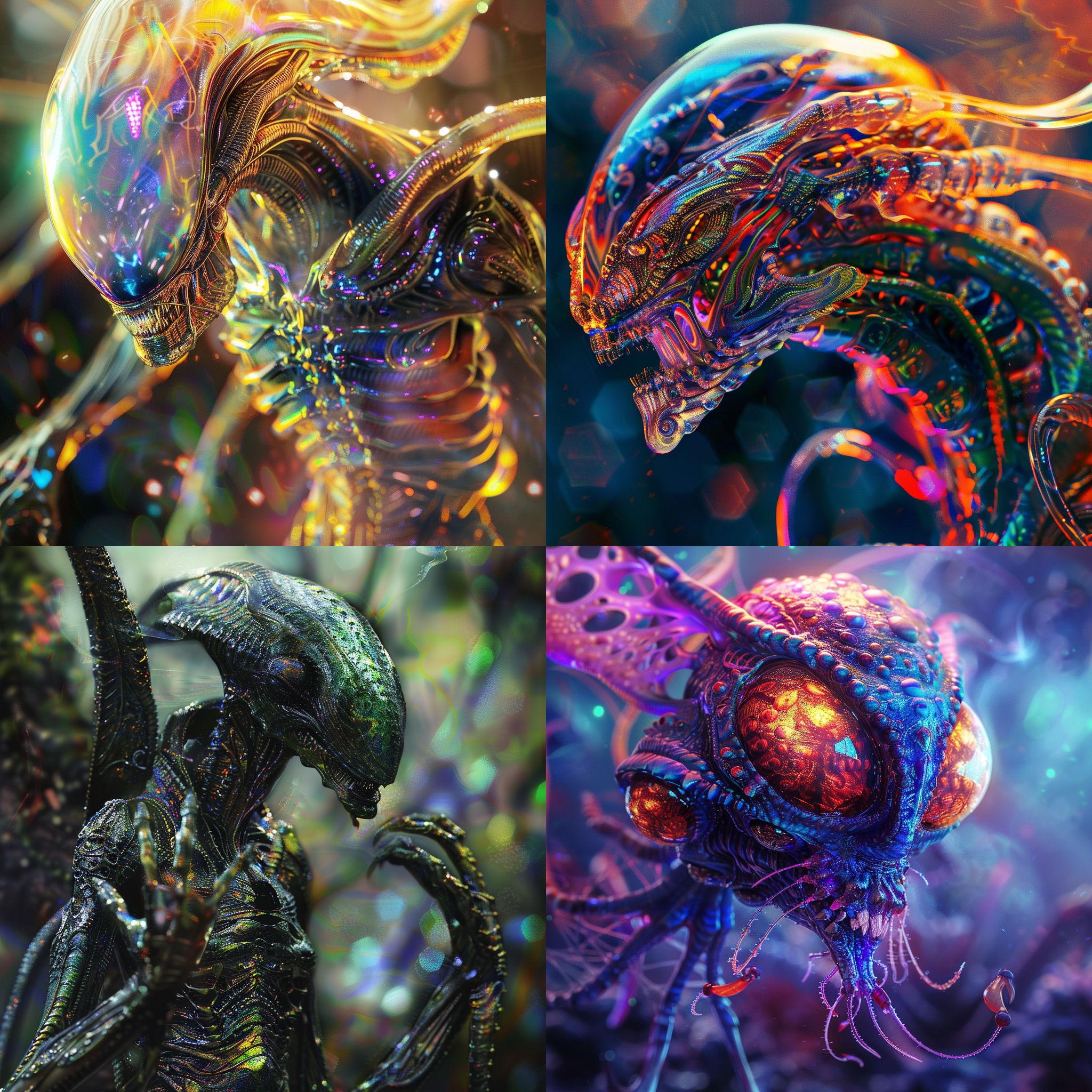 外星生物，异世界背景，神秘色调，高清晰度，真实感强，多光源，细节丰富，奇特形状，独特纹路，透明质感，奇幻氛围，科幻风格。