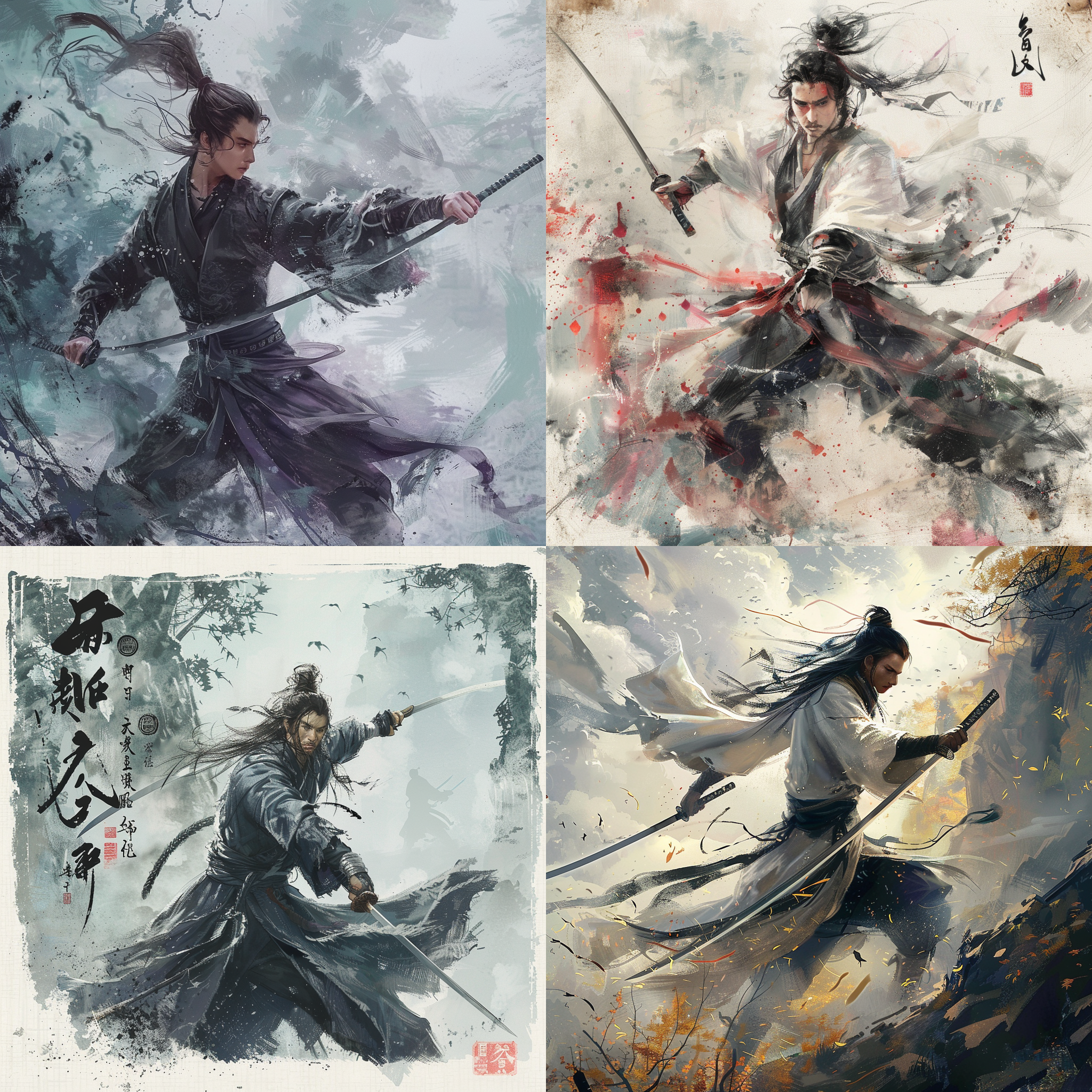 古风杨过，潇洒不羁，亦正亦邪，神秘内敛，内力充盈，高超剑法，禅意背景，神秘色调，英雄动作，中国风情。