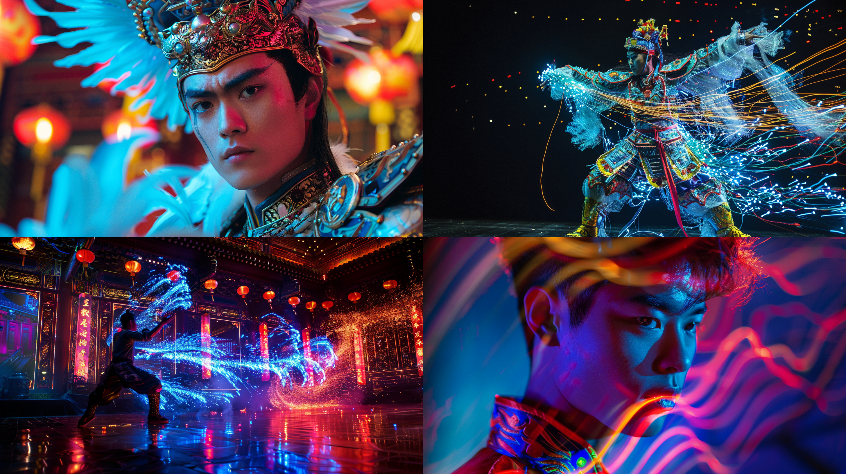 京剧大武生，年轻男性，舞台表演，戏剧盔甲，武打动作，霓虹灯光，绚丽色彩，高速快门，侧光效果，舞台情绪，传统文化。