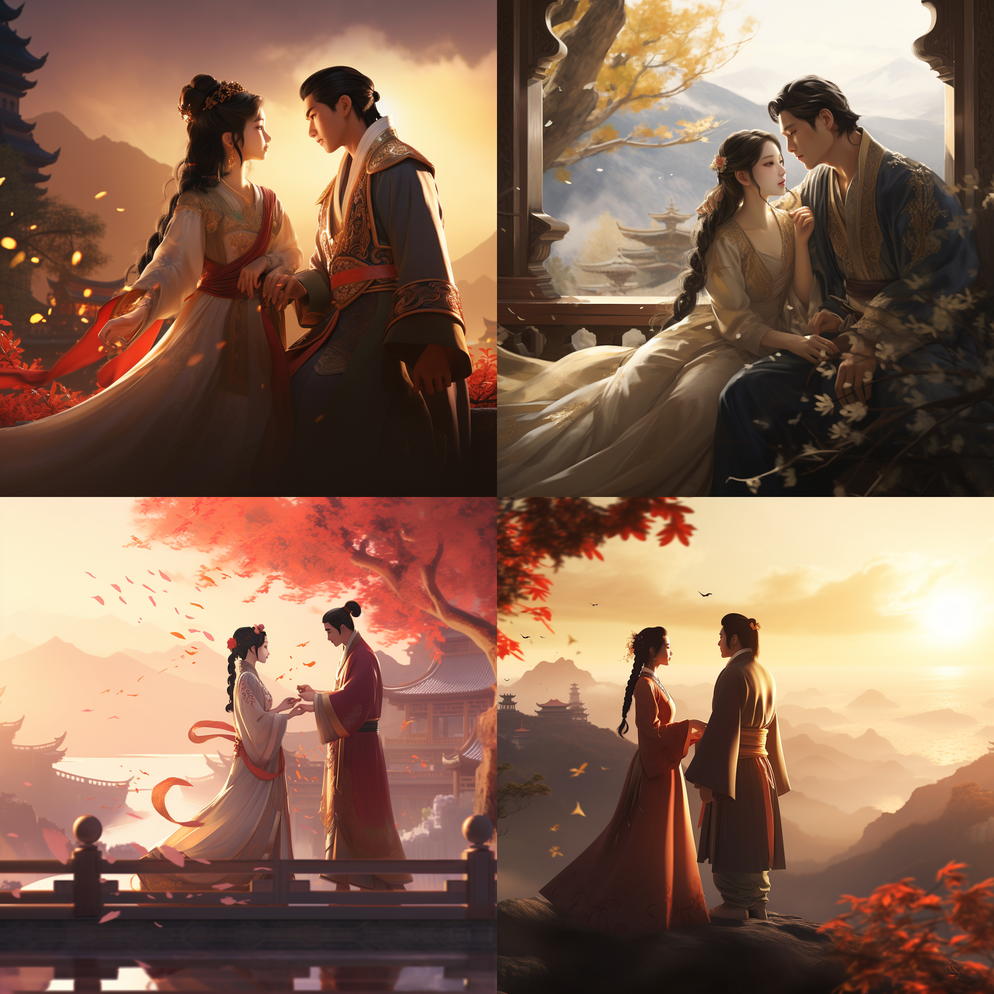 司马相如与卓文君爱情故事，古风动画风格，苍翠山峦，古代宫殿，柔和色调，长焦镜头，侧逆光，对视，唯美情感。