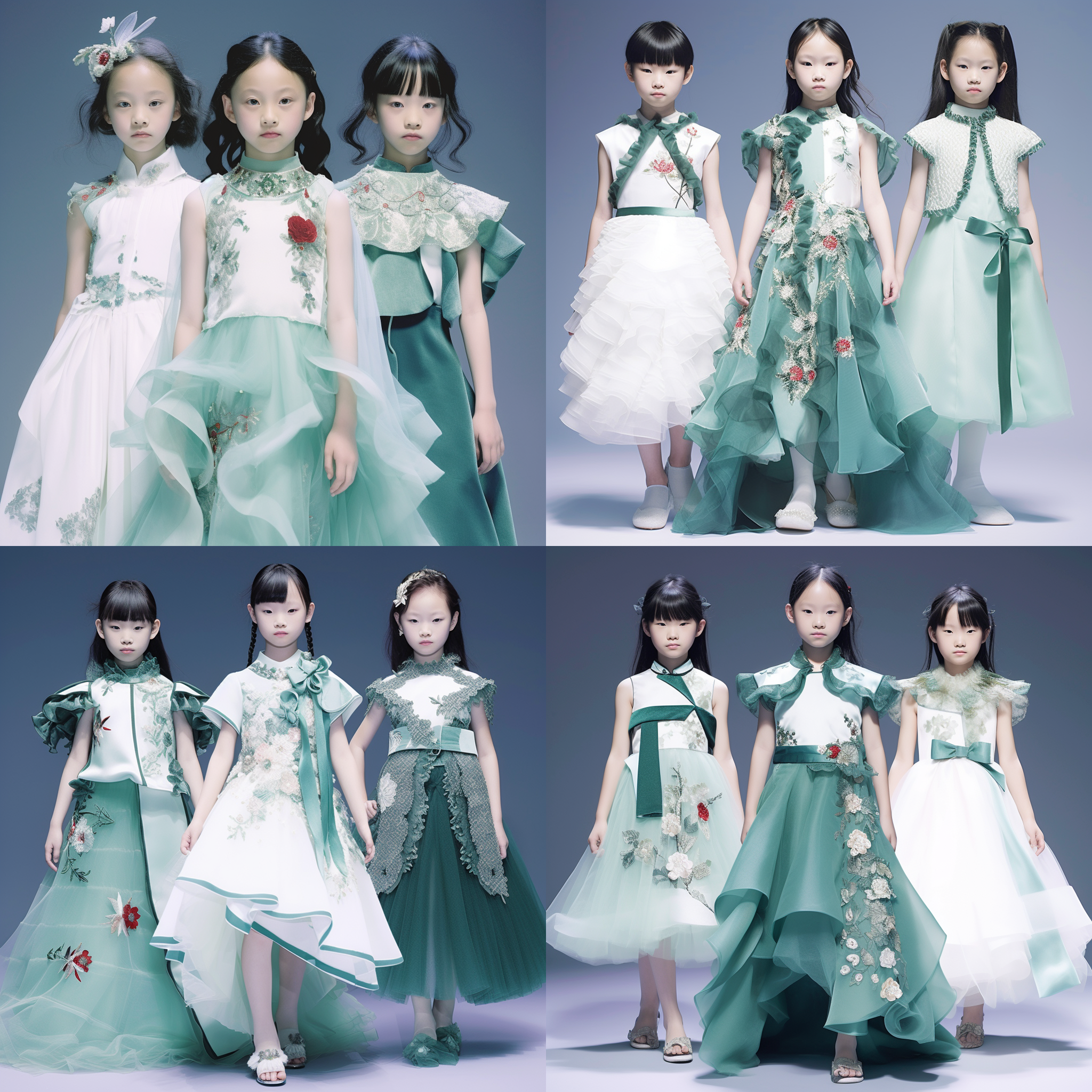 儿童模特，中式风格，解构设计，拼接设计，绿色为主色，深绿色，白色为辅助色，以花卉，珍珠为元素拆分，飘逸，仙气 portrait, deconstructed design, patchwork, primarily green, deep green, white accents, floral and pearl elements, ethereal.