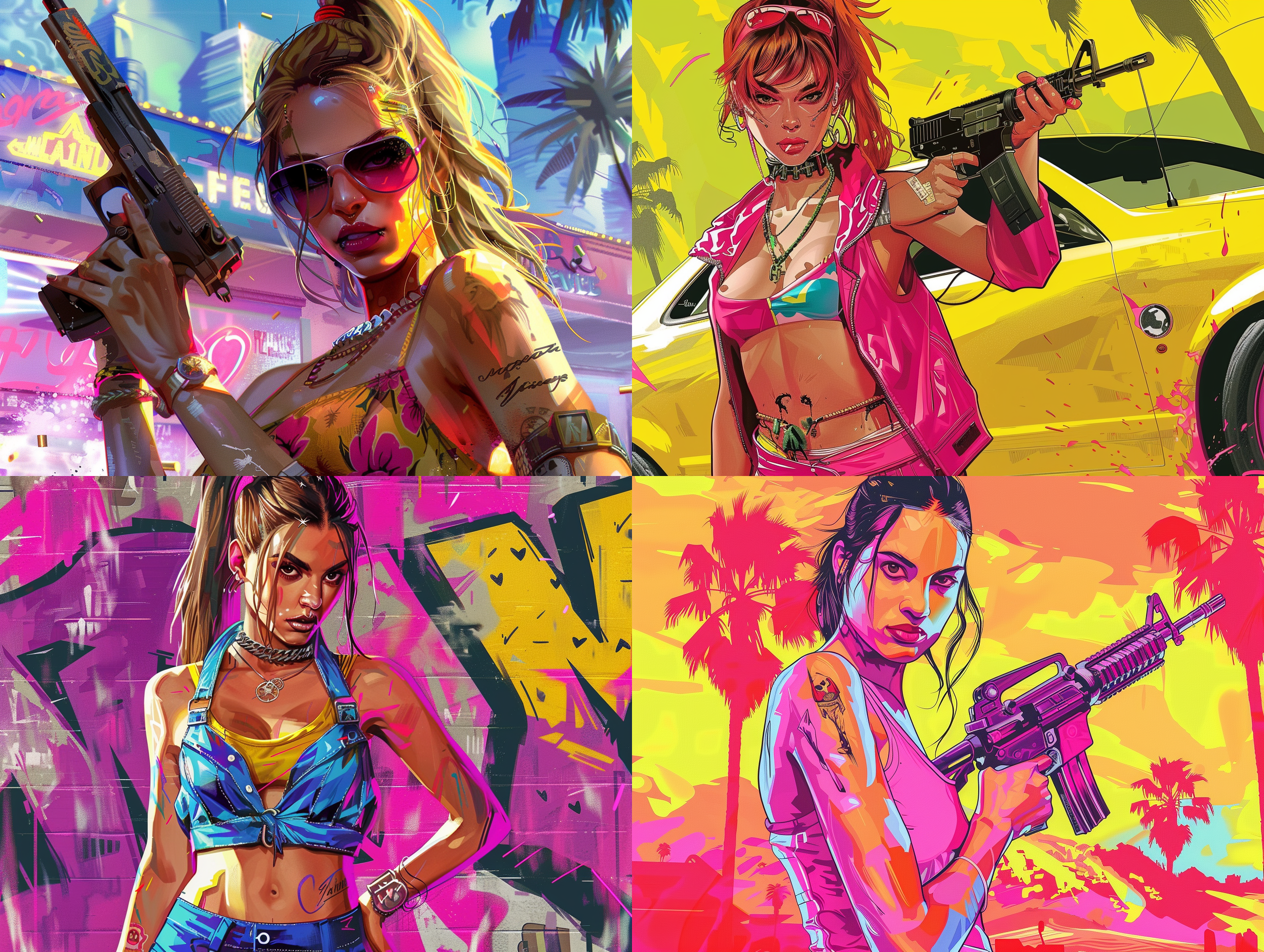 gta-style artwork 1girl ,satirical, exaggerated, pop art style, vibrant colors, iconic characters,action packed