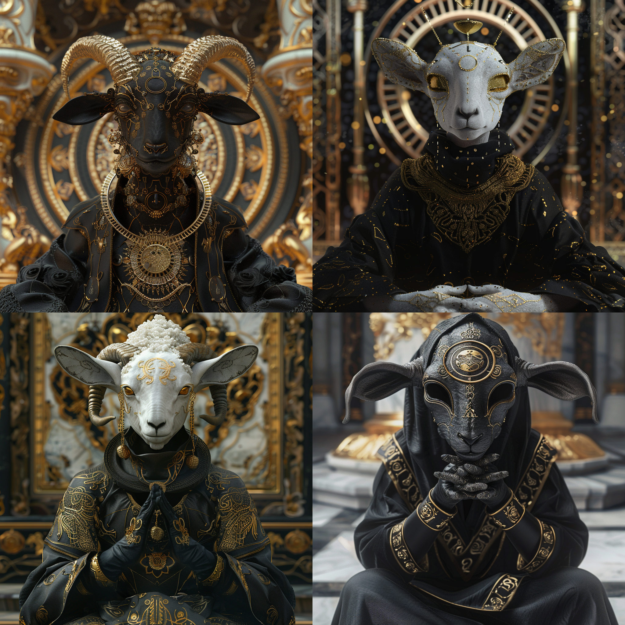 生肖羊背景，黑金服装，面具，超现实风格，zbrush制作，宗教艺术，瓷器质感，宁静面容，动感姿势，uhd图像，ar 3:4，神秘幻想，奇幻色彩，坐姿，近景，超高清，抽象艺术，虚拟现实，立体感，艳丽色彩，神秘氛围
